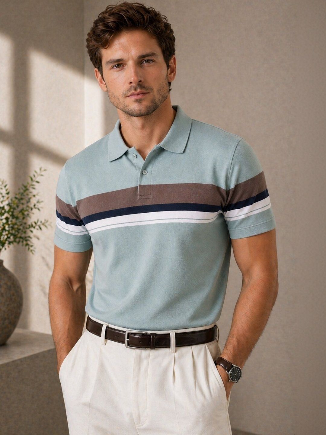Mentor Men Striped Polo Collar T-shirt