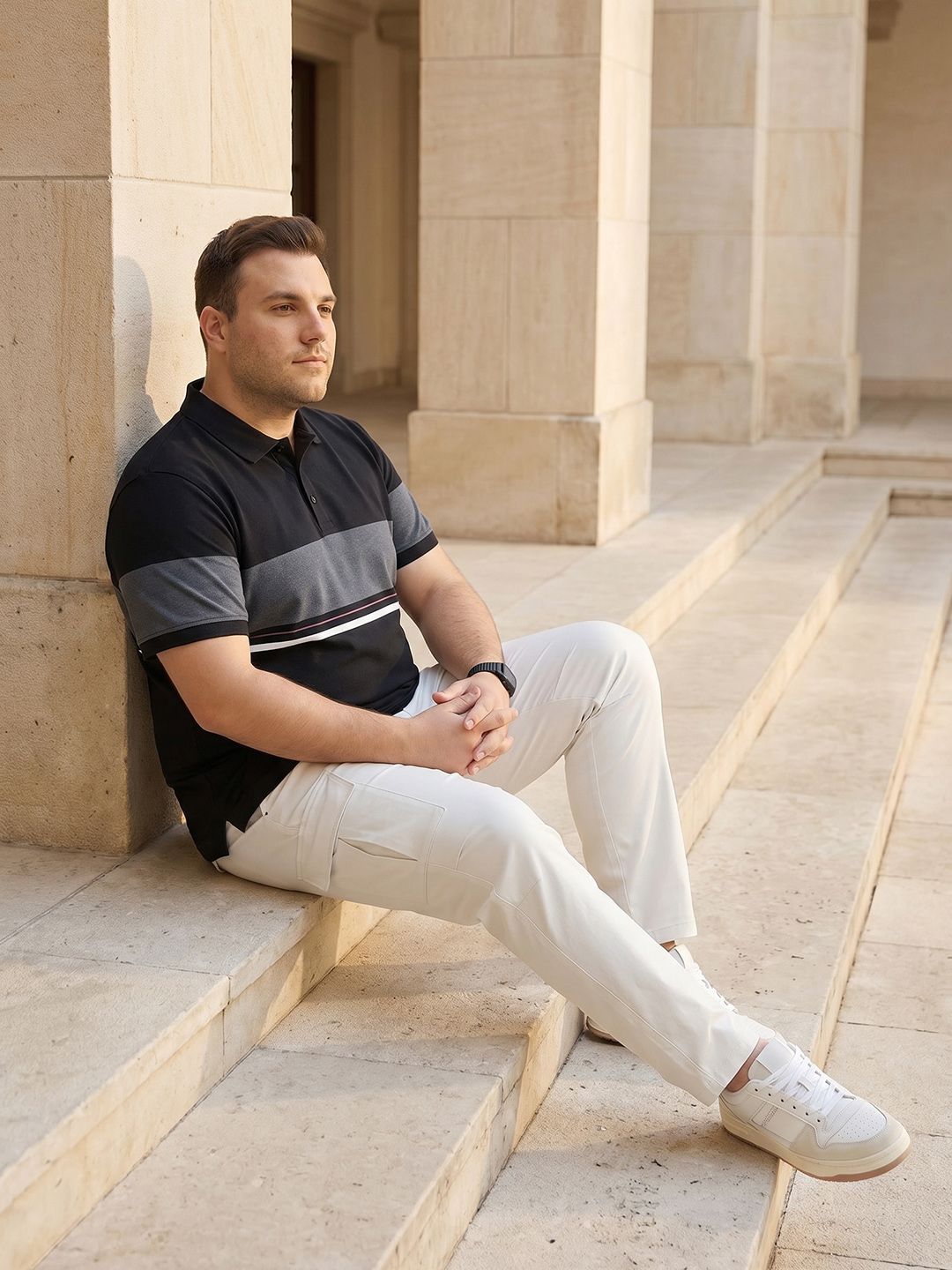 Sztori Plus Size Striped Polo Collar T-shirt