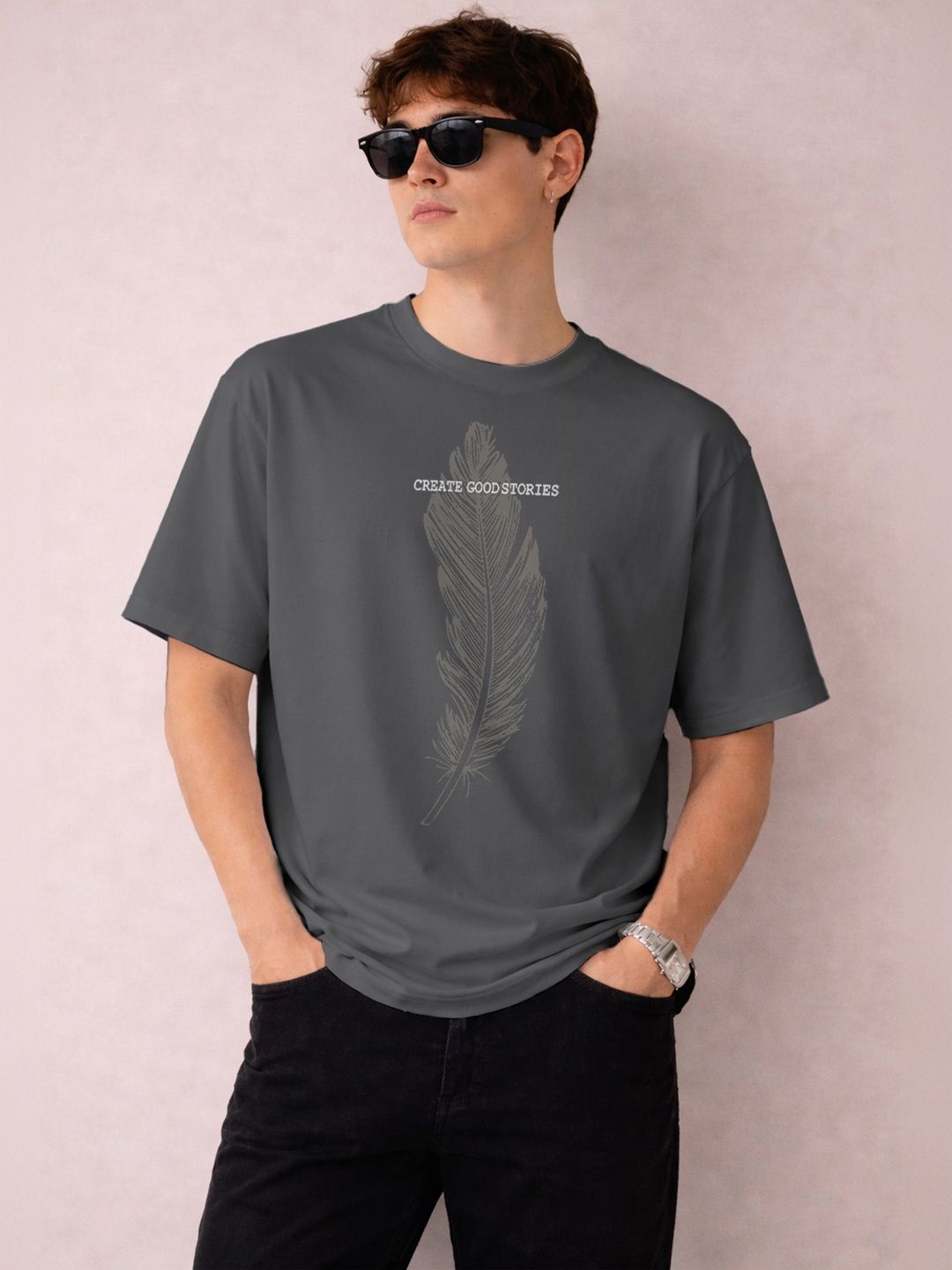 The Roadster Lifestyle Co Printed Organic Cotton Round Neck Oversized Tshirt