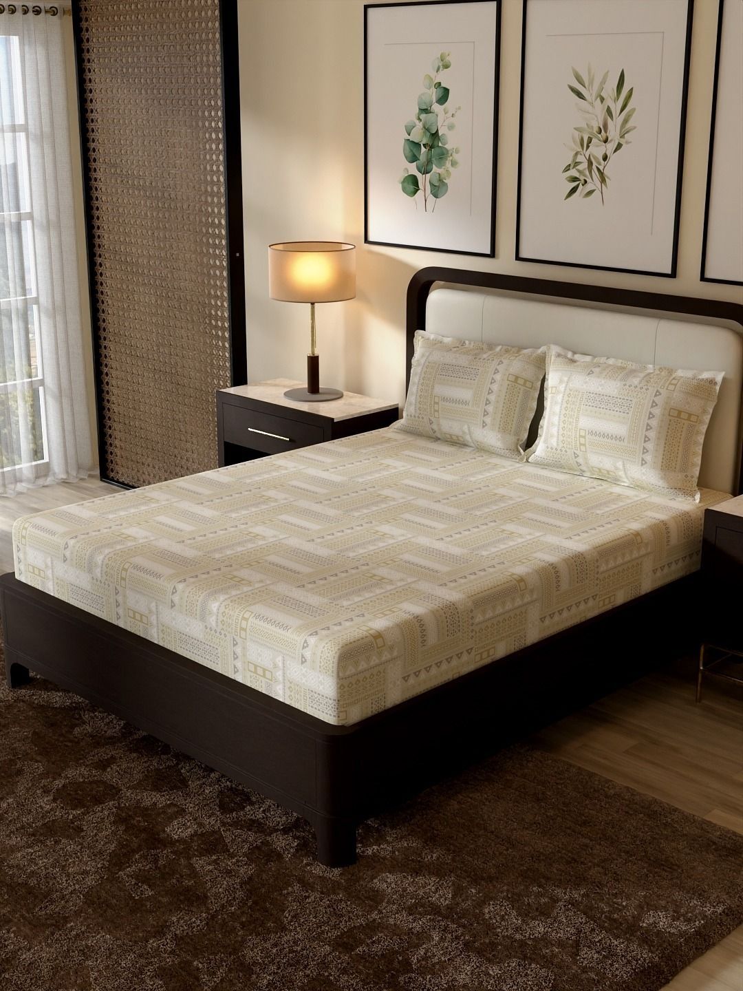 Portico New York Signature Portico New York Signature Off White Ethnic Motifs 104 TC Bedsheet with 2 Pillow Covers