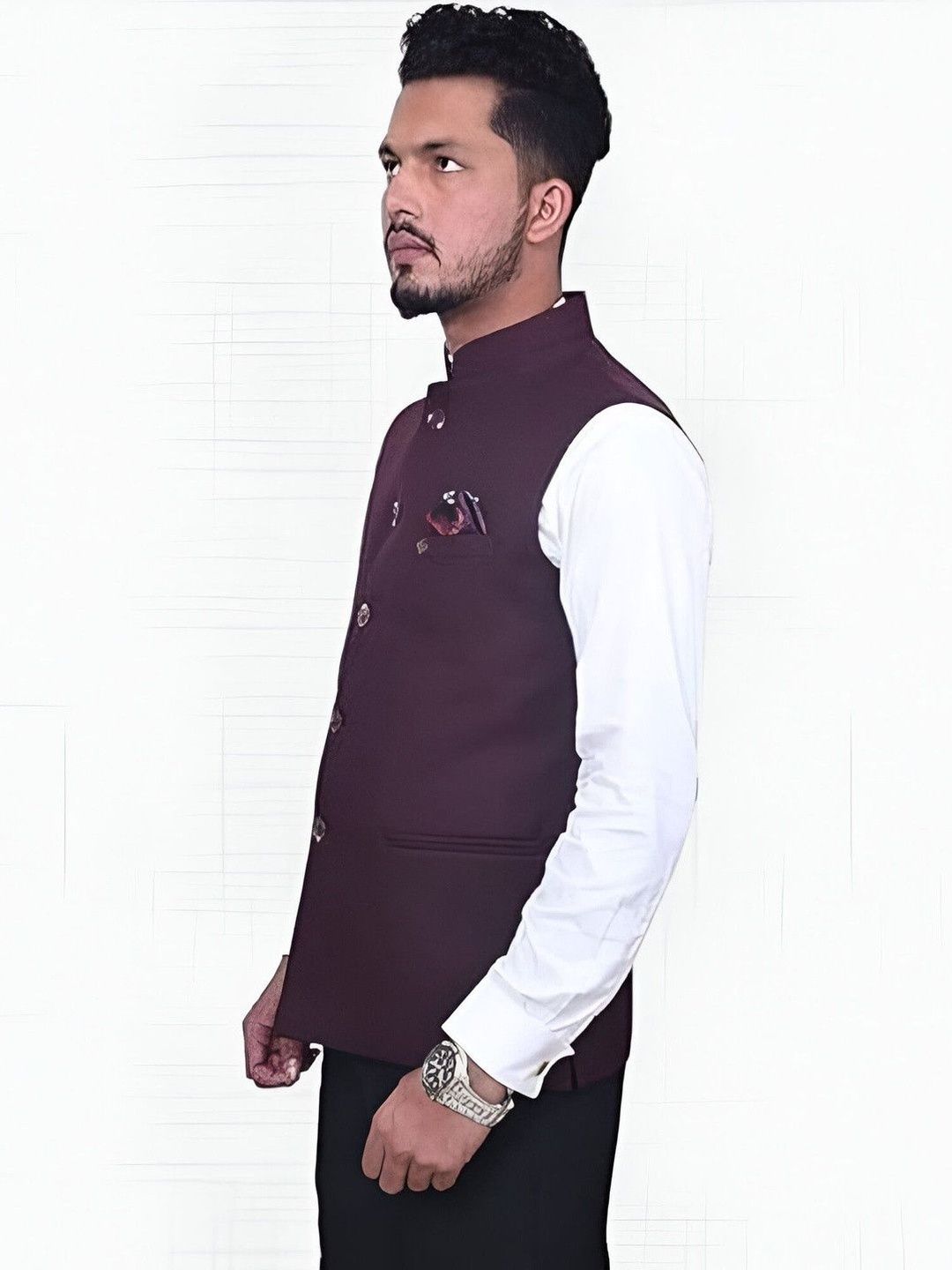 Risani  Men Maroon Solid Sleeves Polyester Nehru Jackets