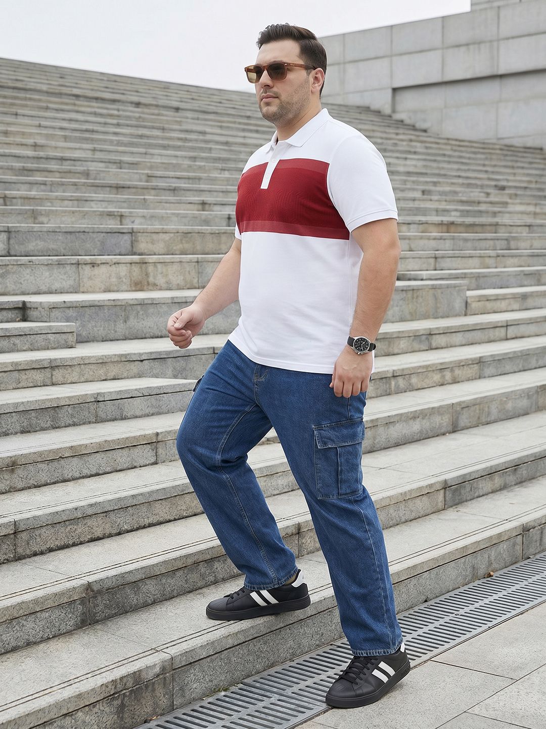 Sztori Plus Size Colourblocked Polo Collar Pure Cotton T-shirt