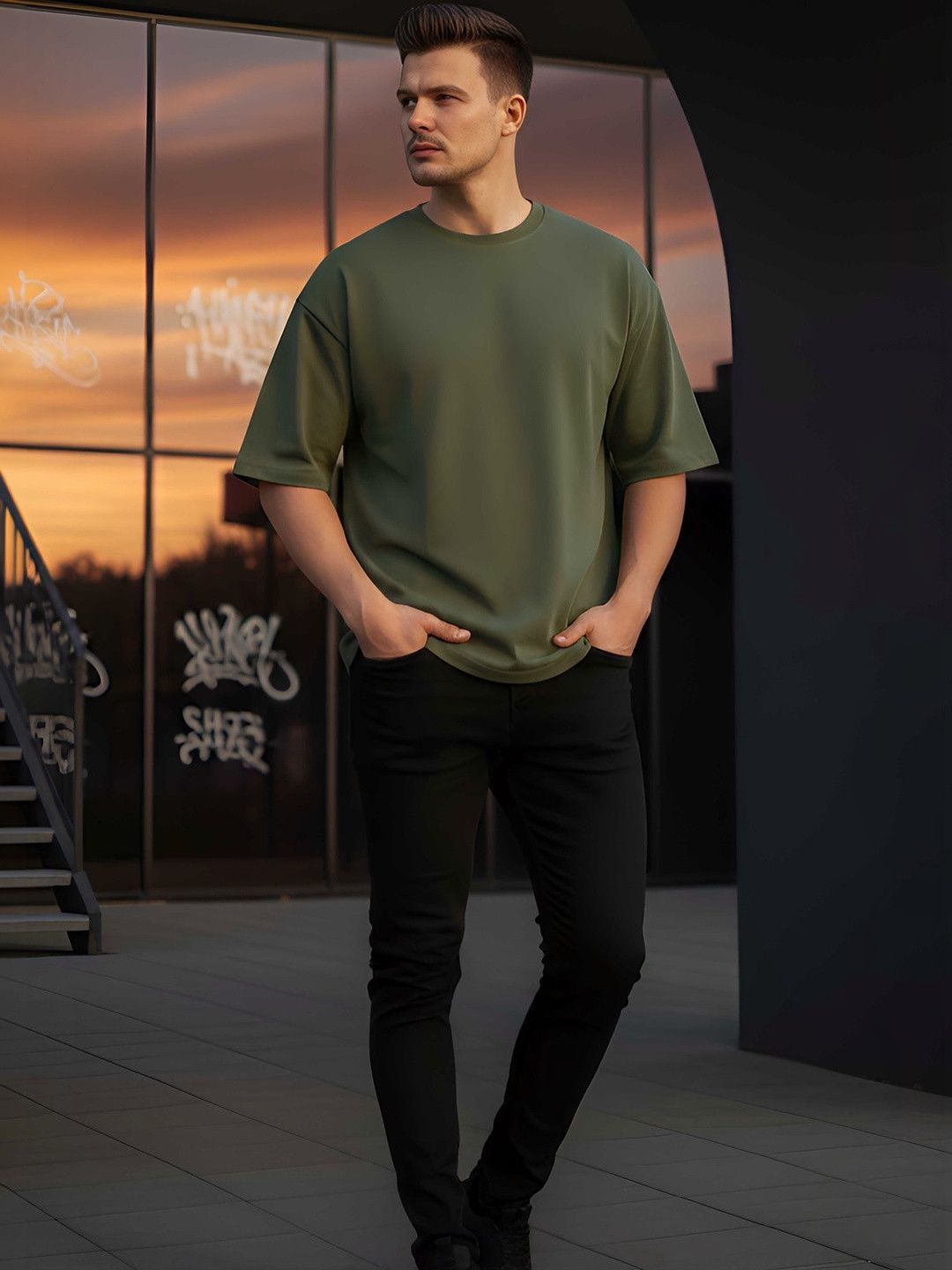 SYMBLANCE Men Printed Drop-Shoulder Sleeves T-shirt