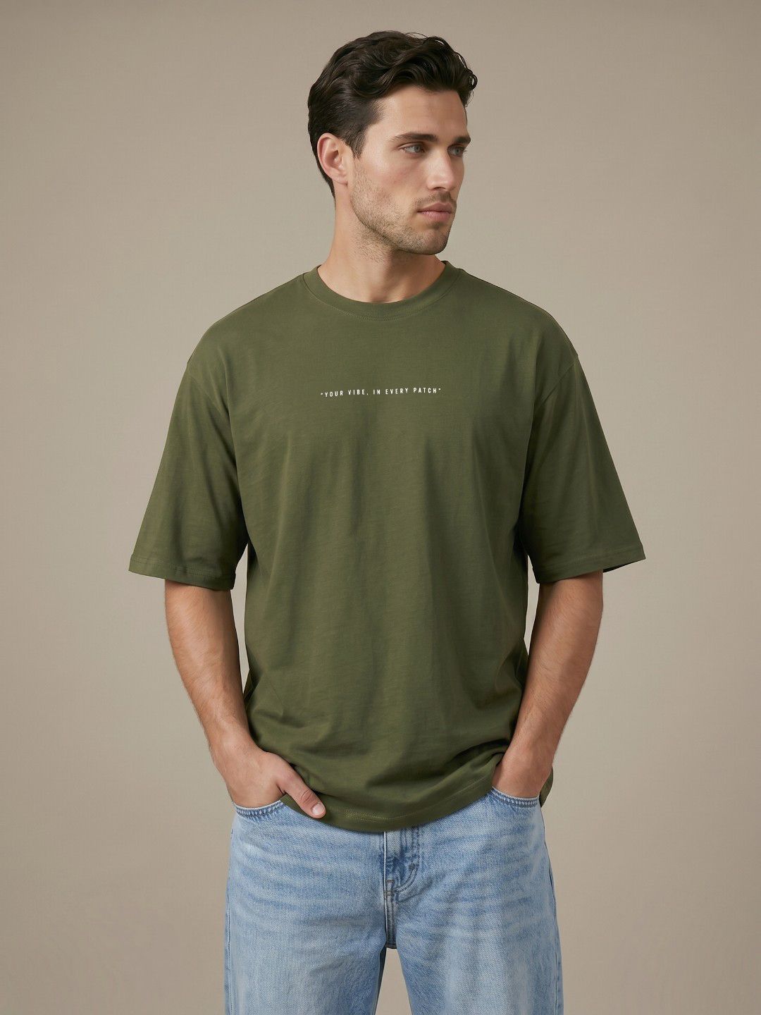 glitchez Green Typography Printed Oversized Fit Cotton T-shirt