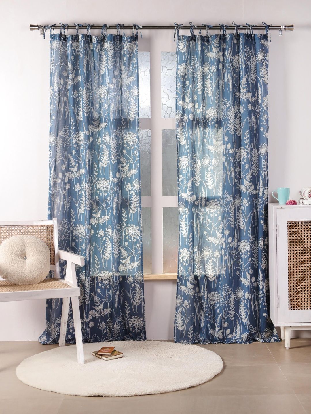 Gulaab Jaipur Blue & White Set of 2 Floral Window Curtain