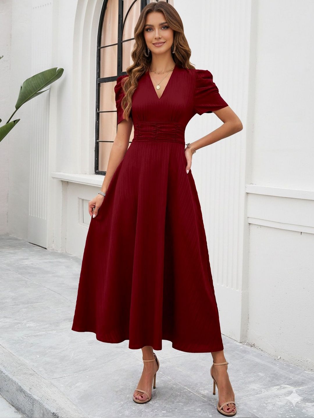 Sugathari Sugathari Puff Sleeve Fit & Flare Midi Dress