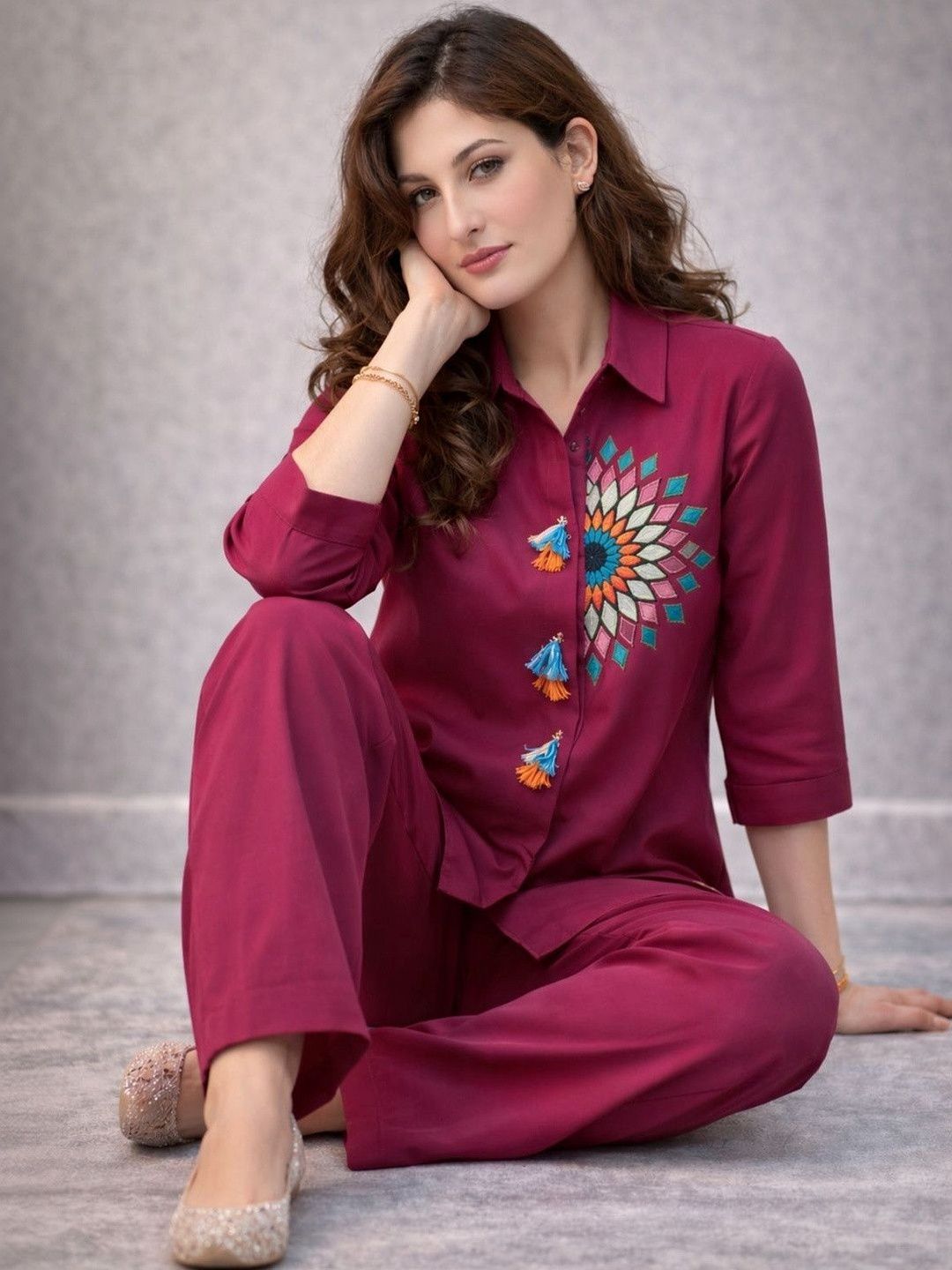 BAESD Women Embroidered Straight Fit Ethnic Co-Ord Set