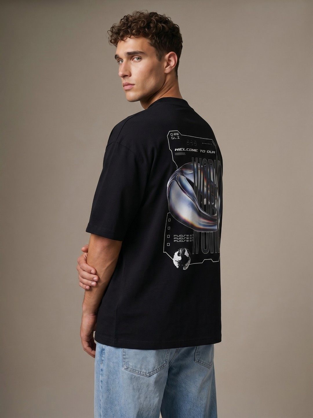 glitchez Welcome to Our World Graphic Printed Oversized Fit T-shirt