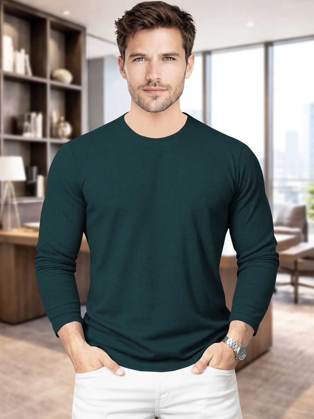 HAPPY KHAJANA Men Self Design Long Sleeves T-shirt