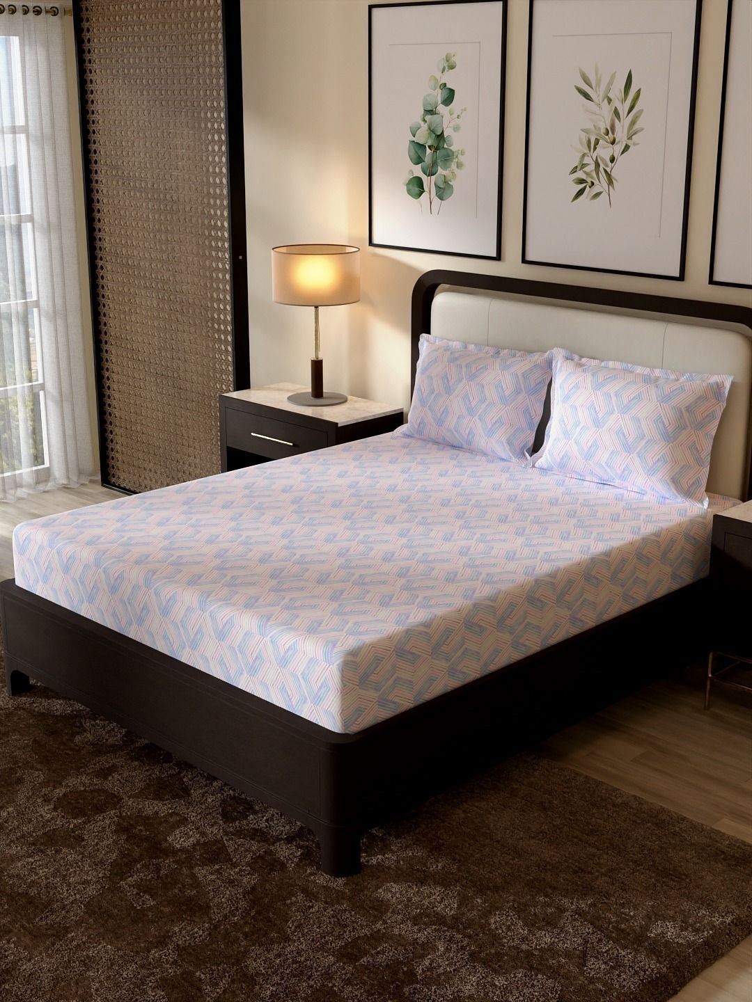 Portico New York Signature Portico New York Signature White Geometric 104 TC Double Bedsheet with 2 Pillow Covers