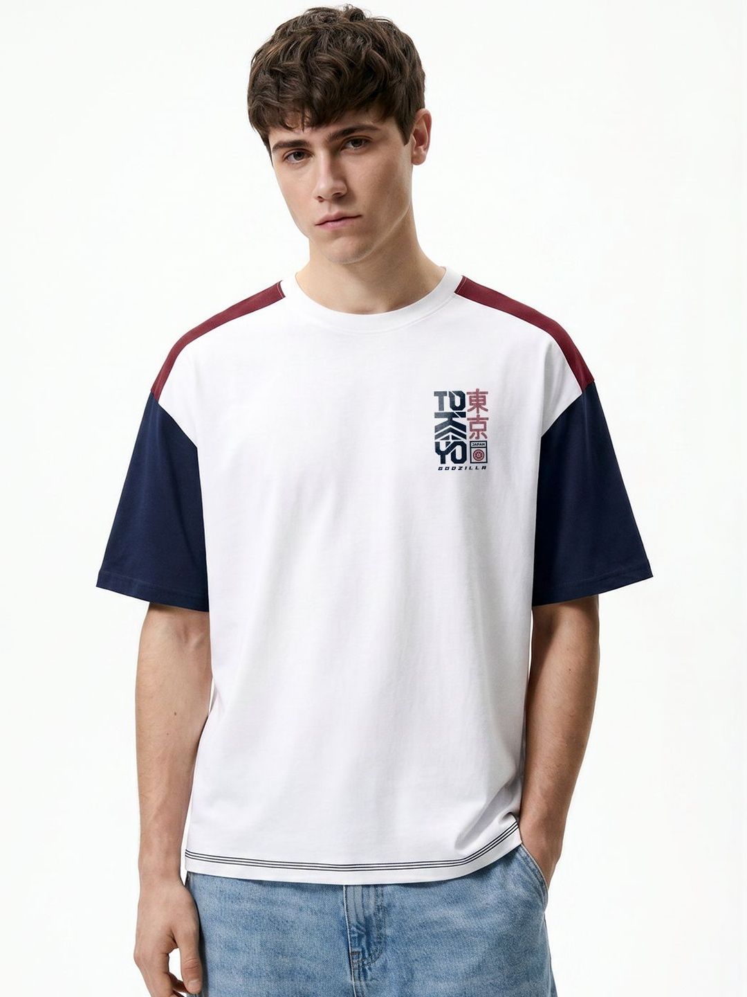 Crazymonk Men Colourblocked Round Neck Cotton Oversized T-shirt