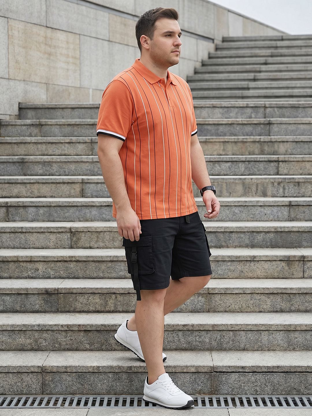 Sztori Plus Size Striped Polo Collar Pure Cotton T-shirt