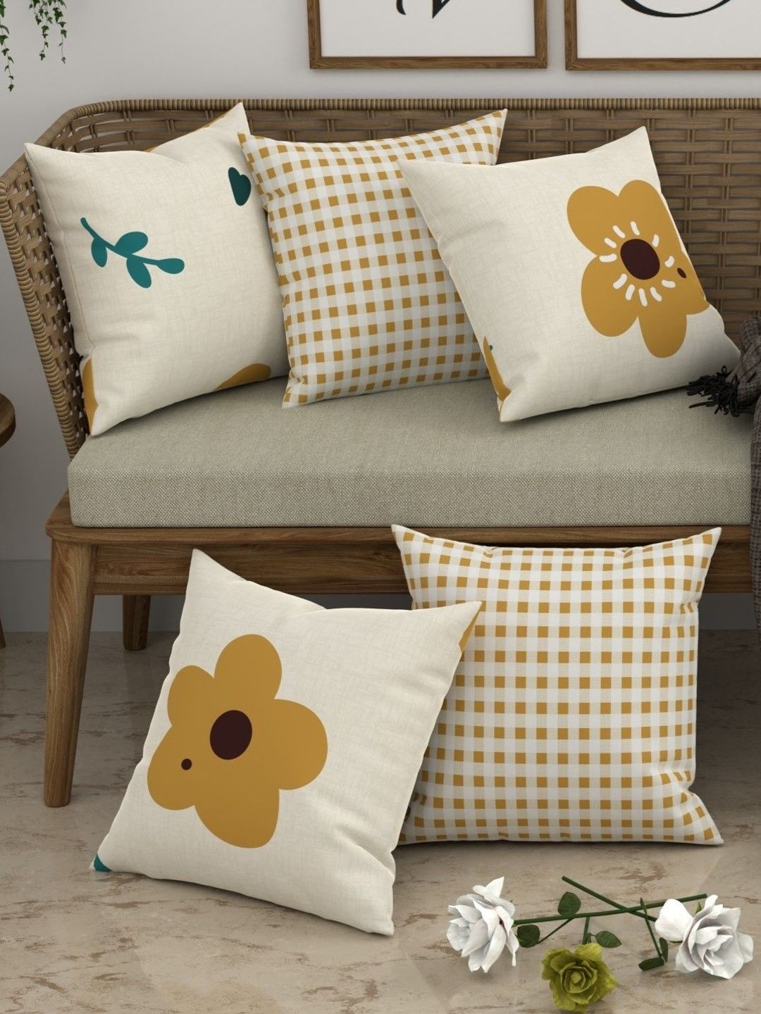 CHHAVI INDIA Yellow & White Set of 5 Floral Square Cushion Covers
