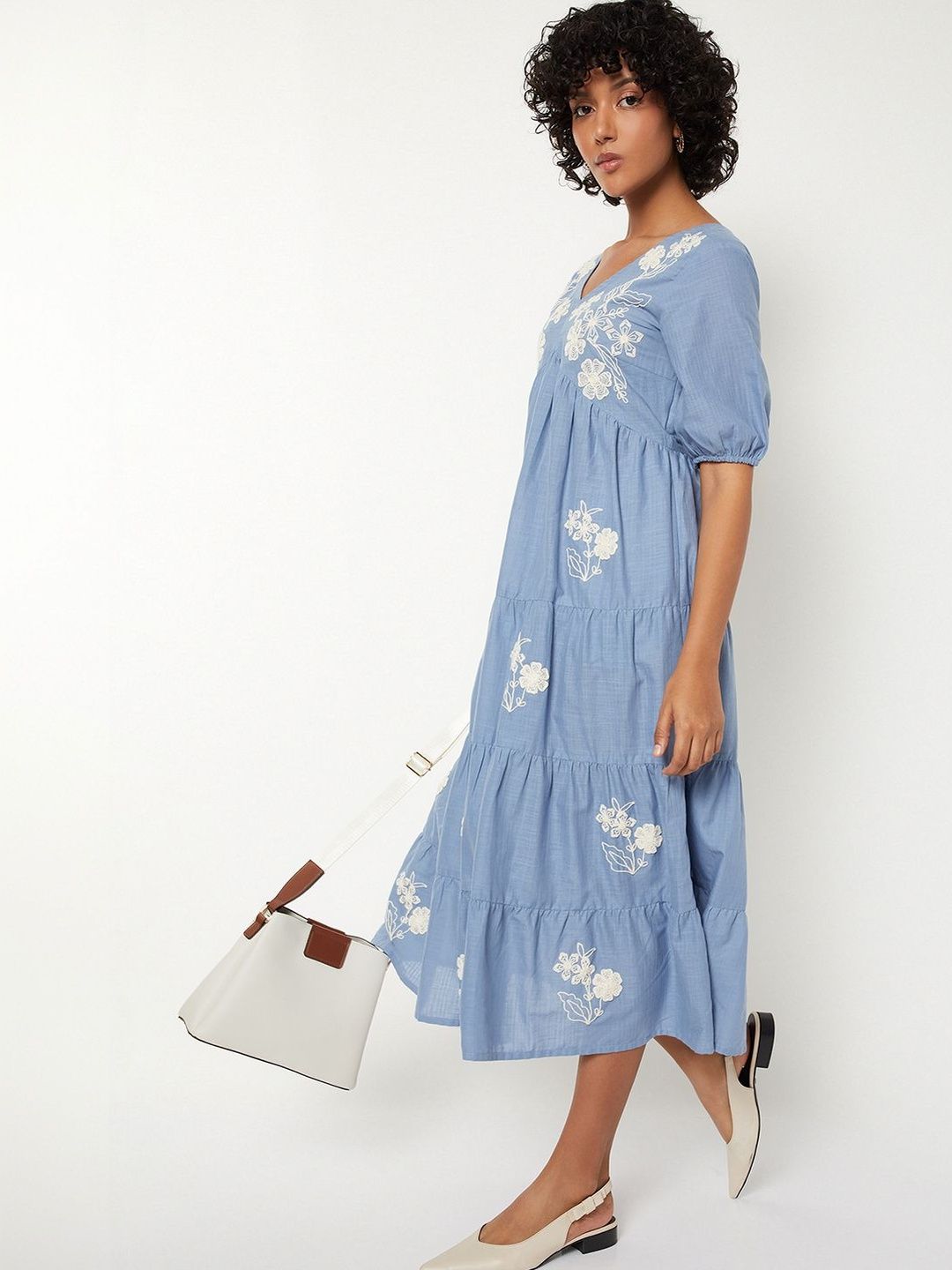 max Floral Embroidered Puff Sleeve A-Line Midi Dress