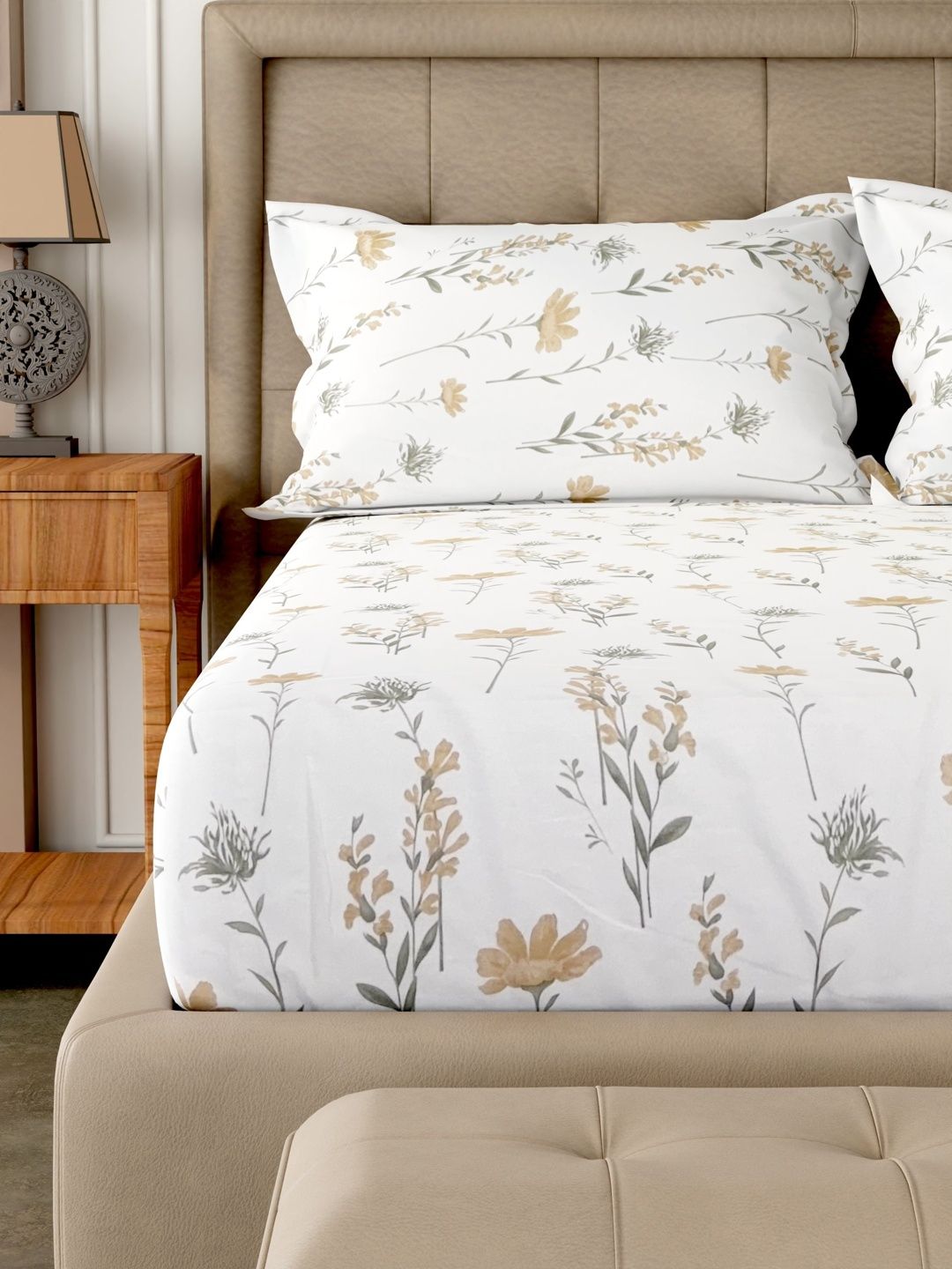 Pure Decor Pure Decor White Floral 180 TC King Bedsheet with 2 Pillow Covers
