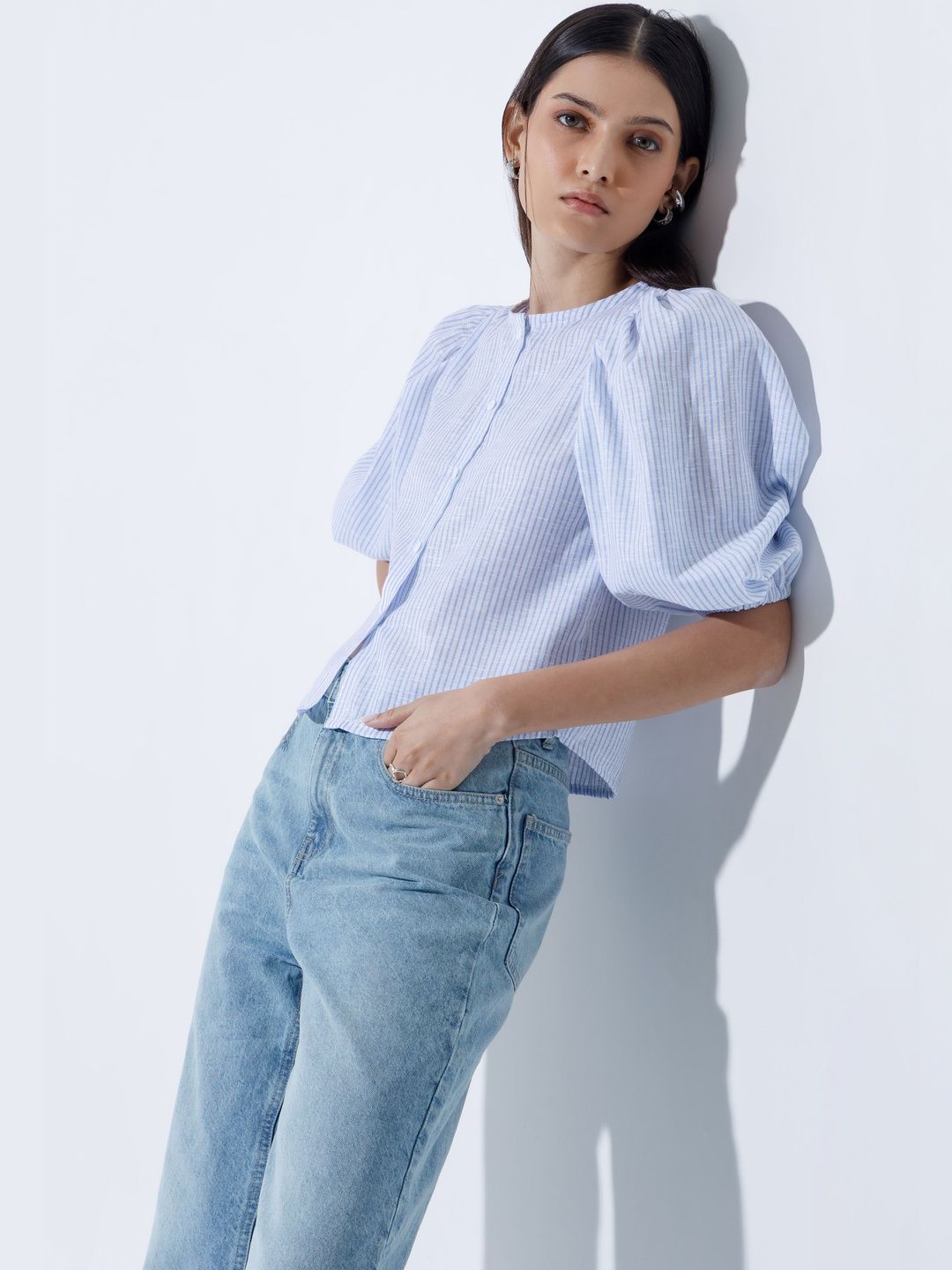 COLOR CAPITAL Striped Puff Sleeve Linen Top