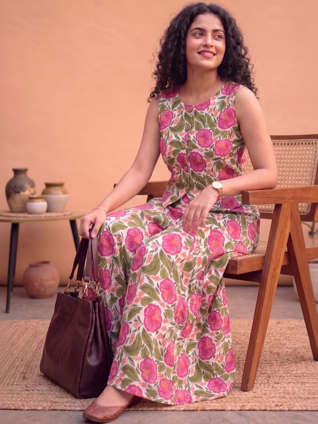Sangria Floral Cotton Printed Top with Skirt