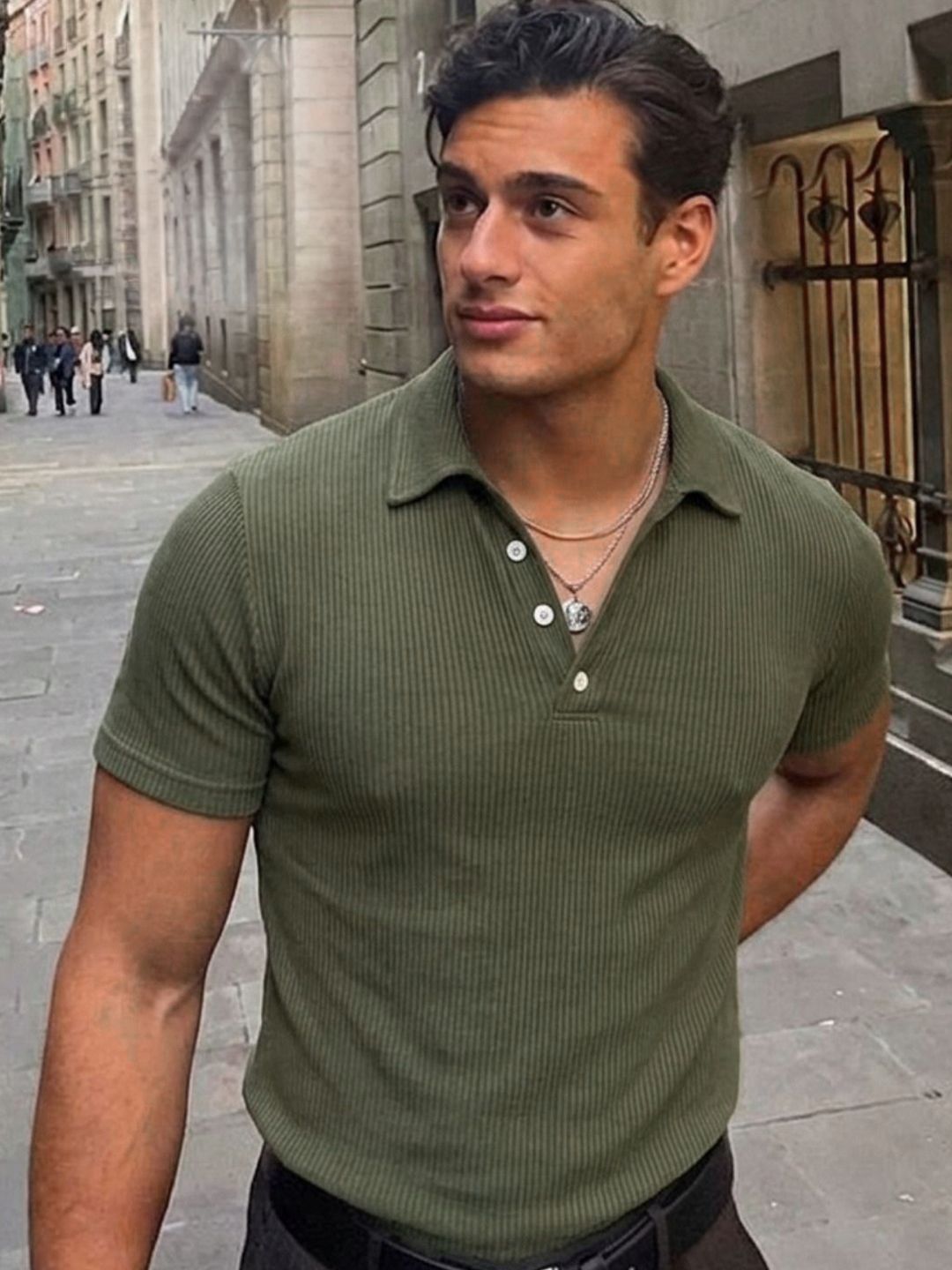 Metronaut Rigo Men Army Green Self-Textured Polycorduroy Cut Away Collar Half Sleeve Polo T-Shirt