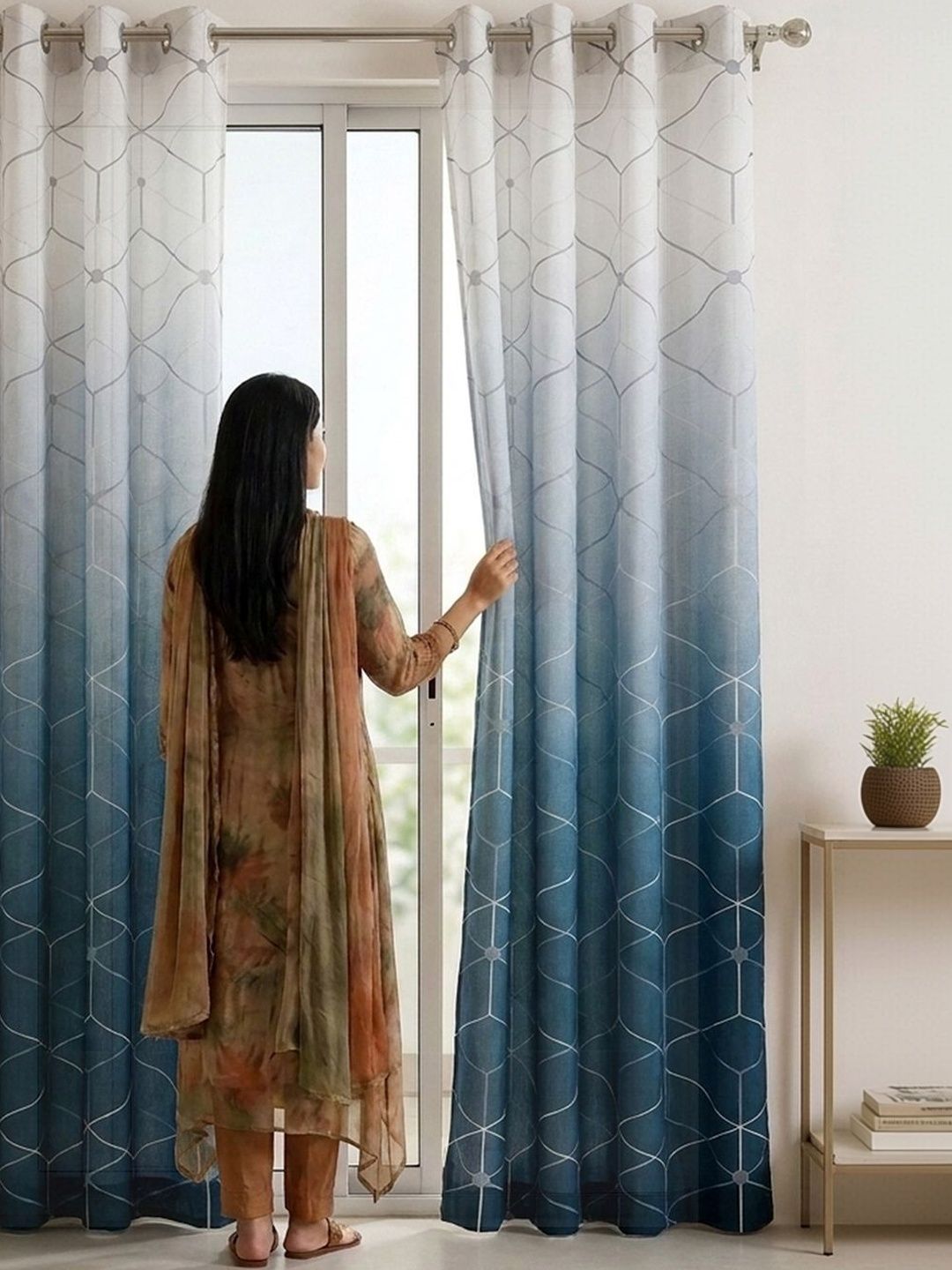 Story@home Story@home Aurum Navy Blue & White 2 Pieces Geometric Sheer Door Curtains