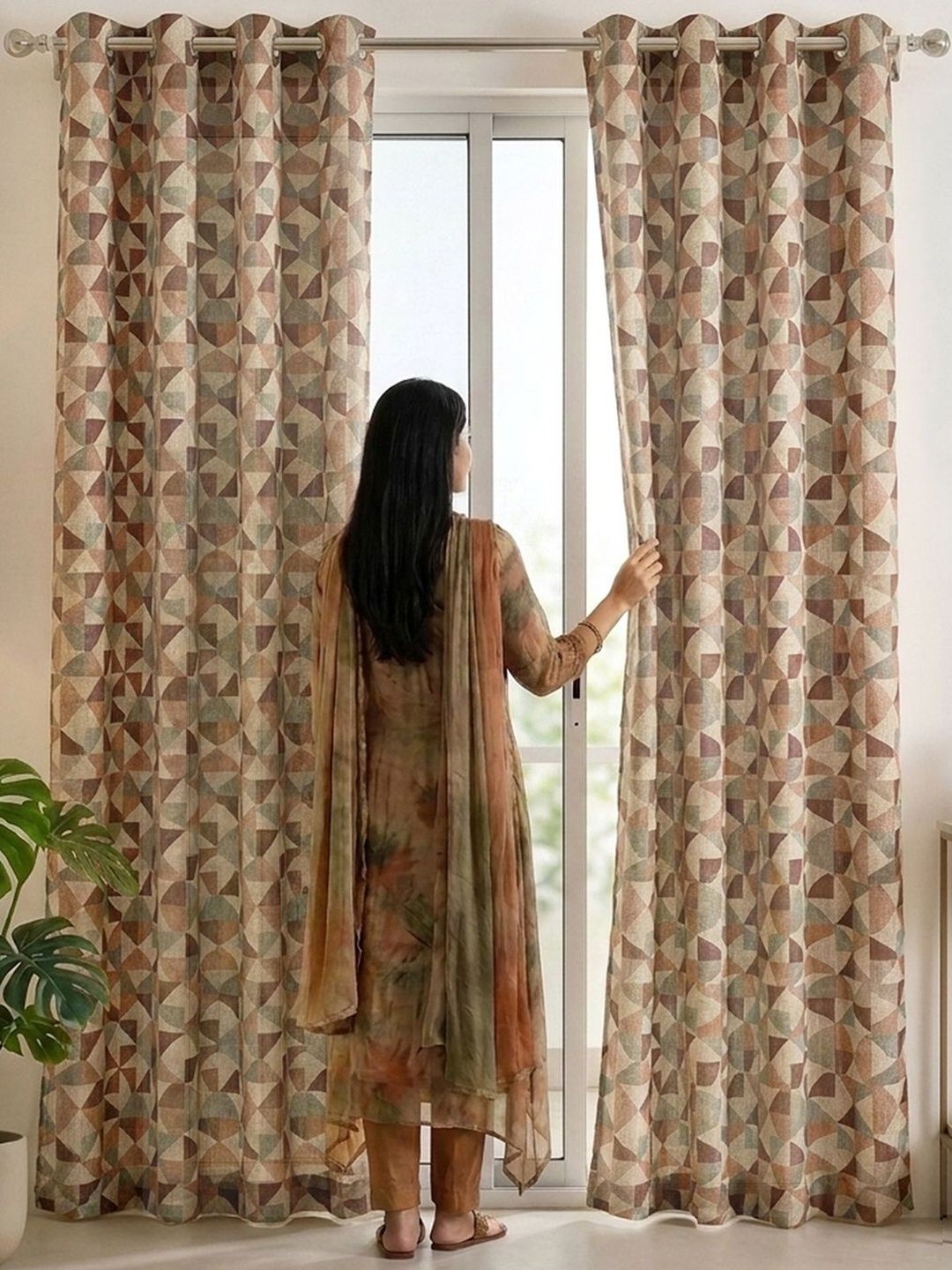 Story@home Story@home Aurum Brown & Grey 2 Pieces Geometric Sheer Door Curtains
