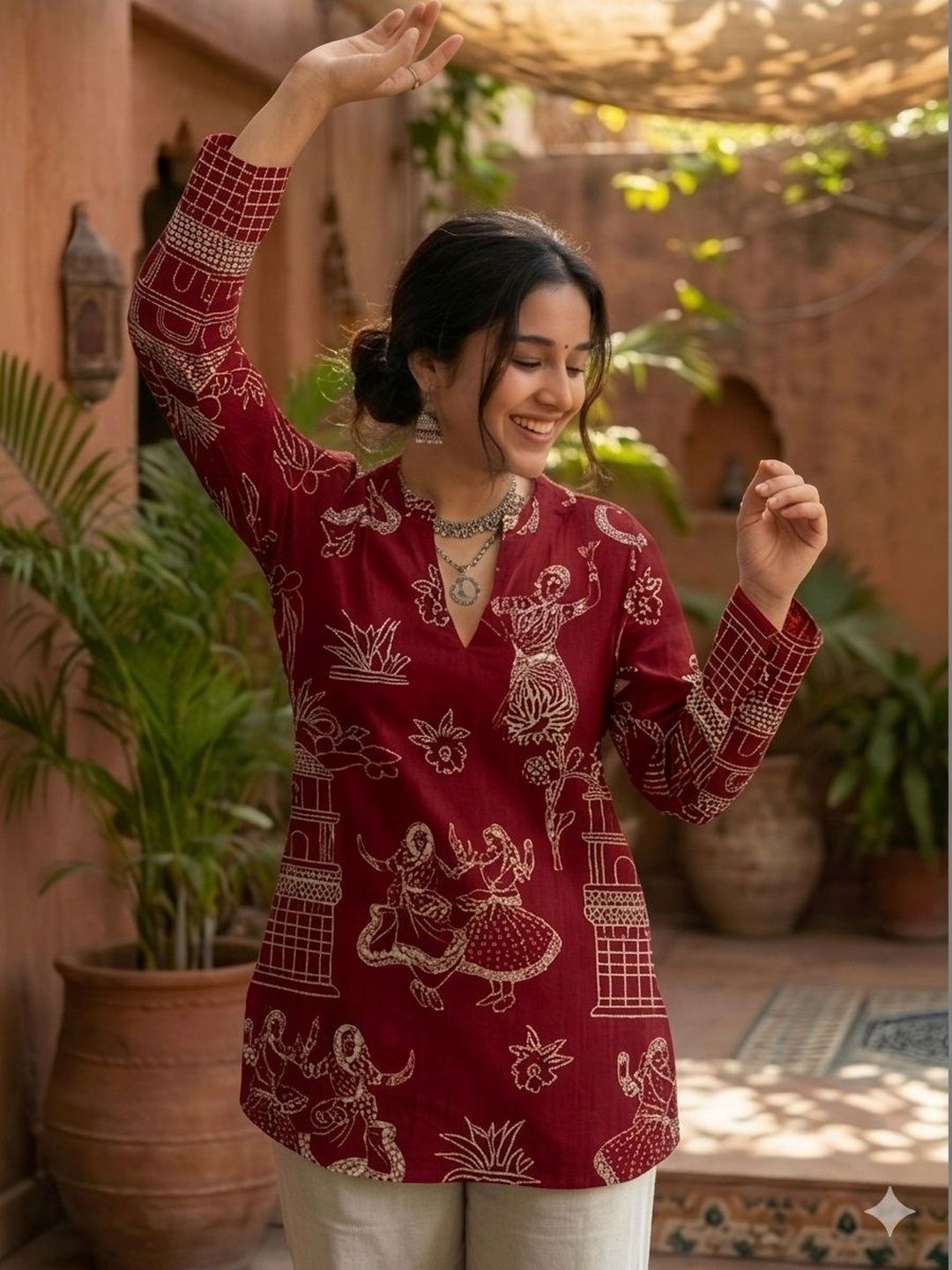 PIMU Ethnic Motifs Printed V-Neck Pure Cotton Kurti