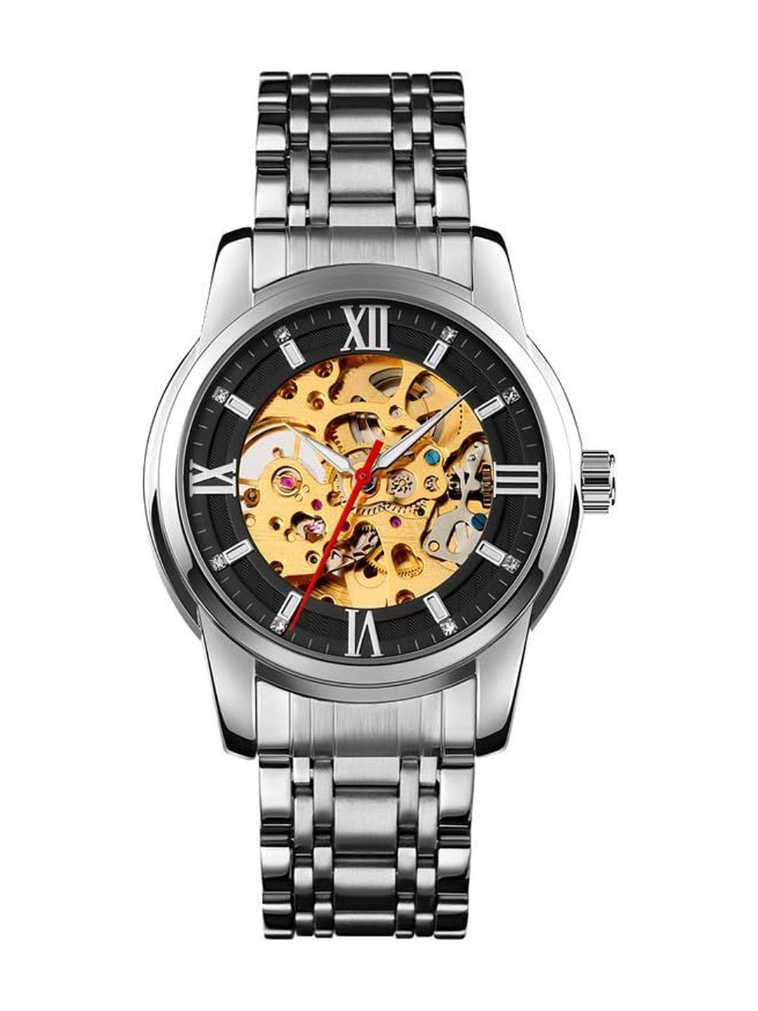 Skmei Skmei Men Skeleton Dial & Stainless Steel Bracelet Style Straps Analogue Automatic Motion Powered Watch