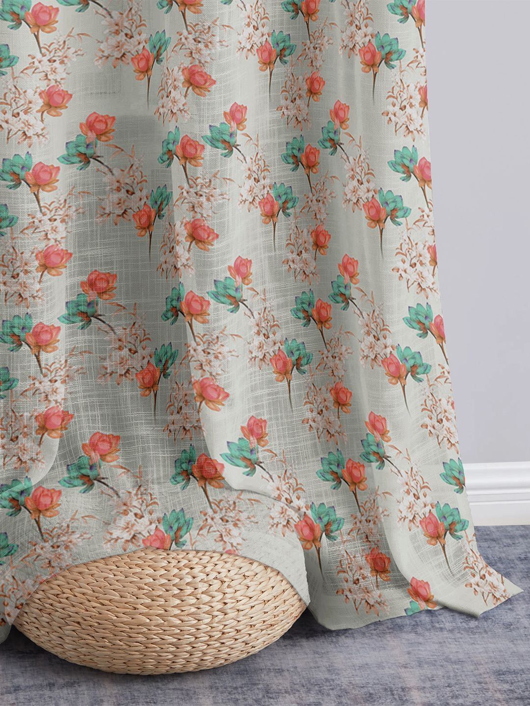 Story@home Story@home Aurum Grey & Green Colored 2 Pieces Printed Floral Sheer Door Curtains