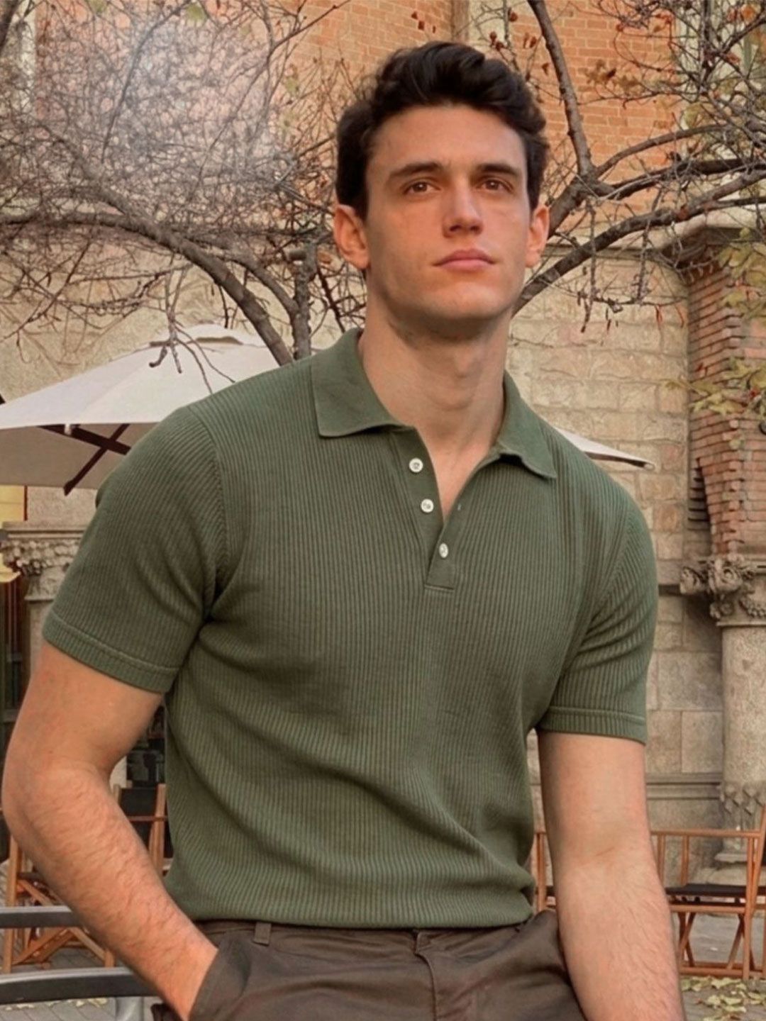 Rigo Men Army Green Self-Textured Polycorduroy Cut Away Collar Half Sleeve Polo T-Shirt
