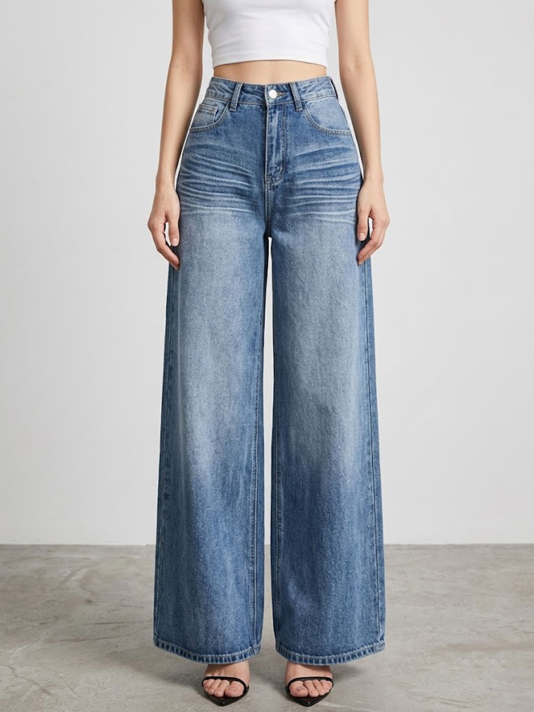 StyleCast x Revolte Women Wide Leg Mid-Rise Low Distress Heavy Fade Jeans