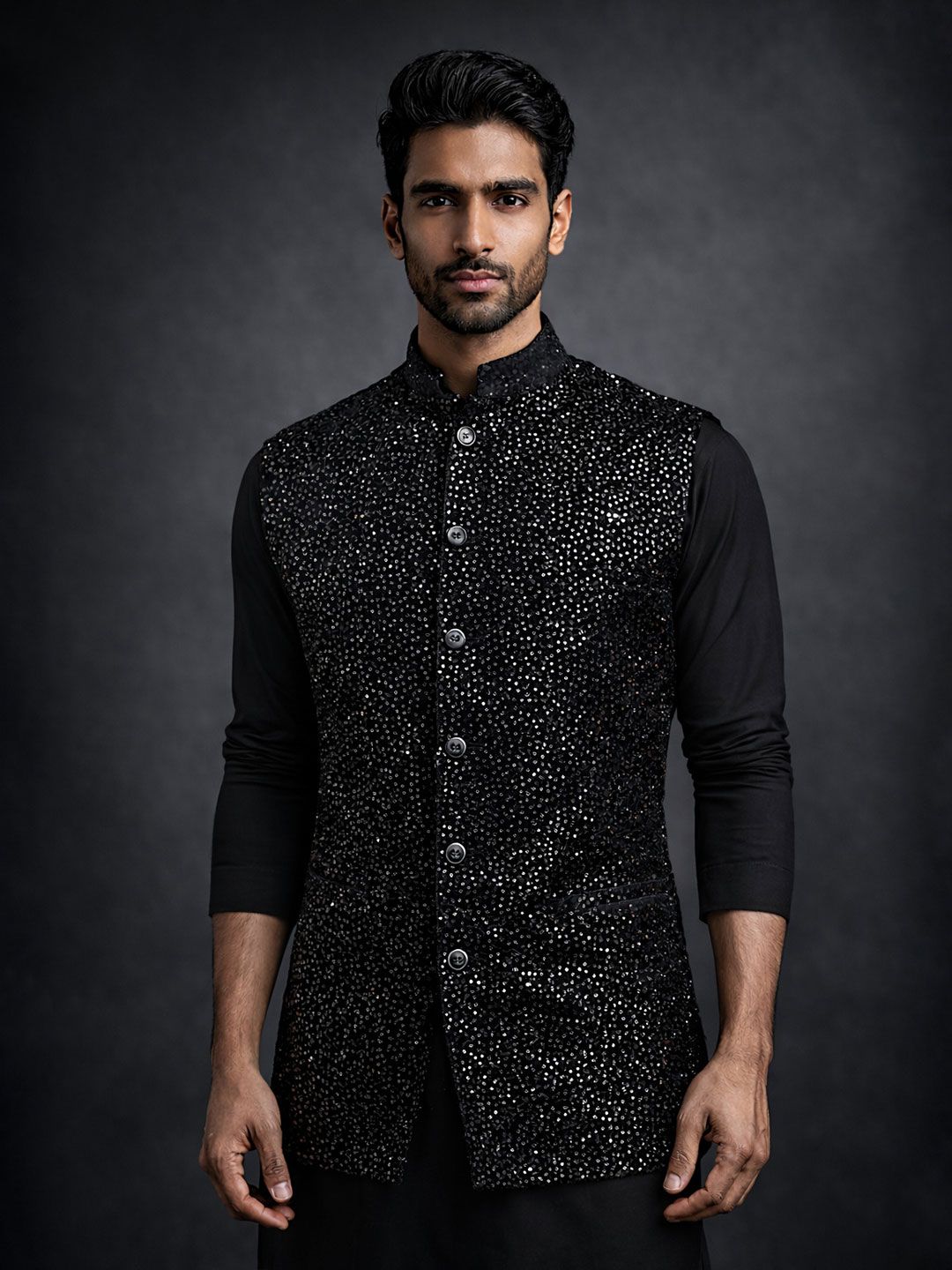 MODERN MUGHALS Embroidered Elegant Sequence Velevt Nehru Jacket