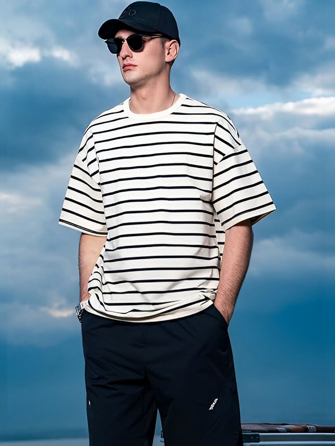 The Roadster Lifestyle Co. Striped Organic Cotton Round Neck Oversized T-shirt