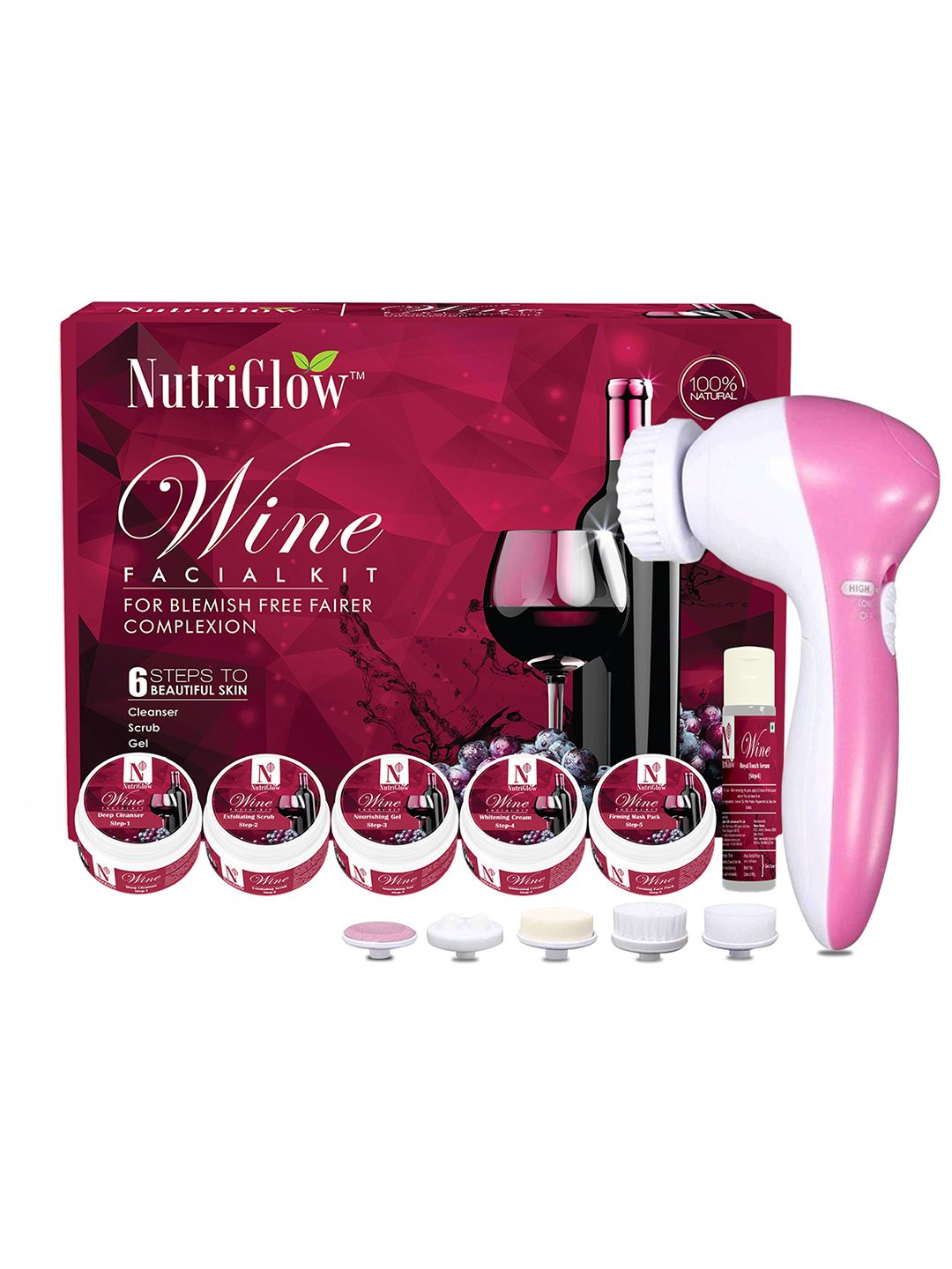 NutriGlow Wine Fruit Facial Kit For Glowing Skin -  Tan Removal  With Face Massager