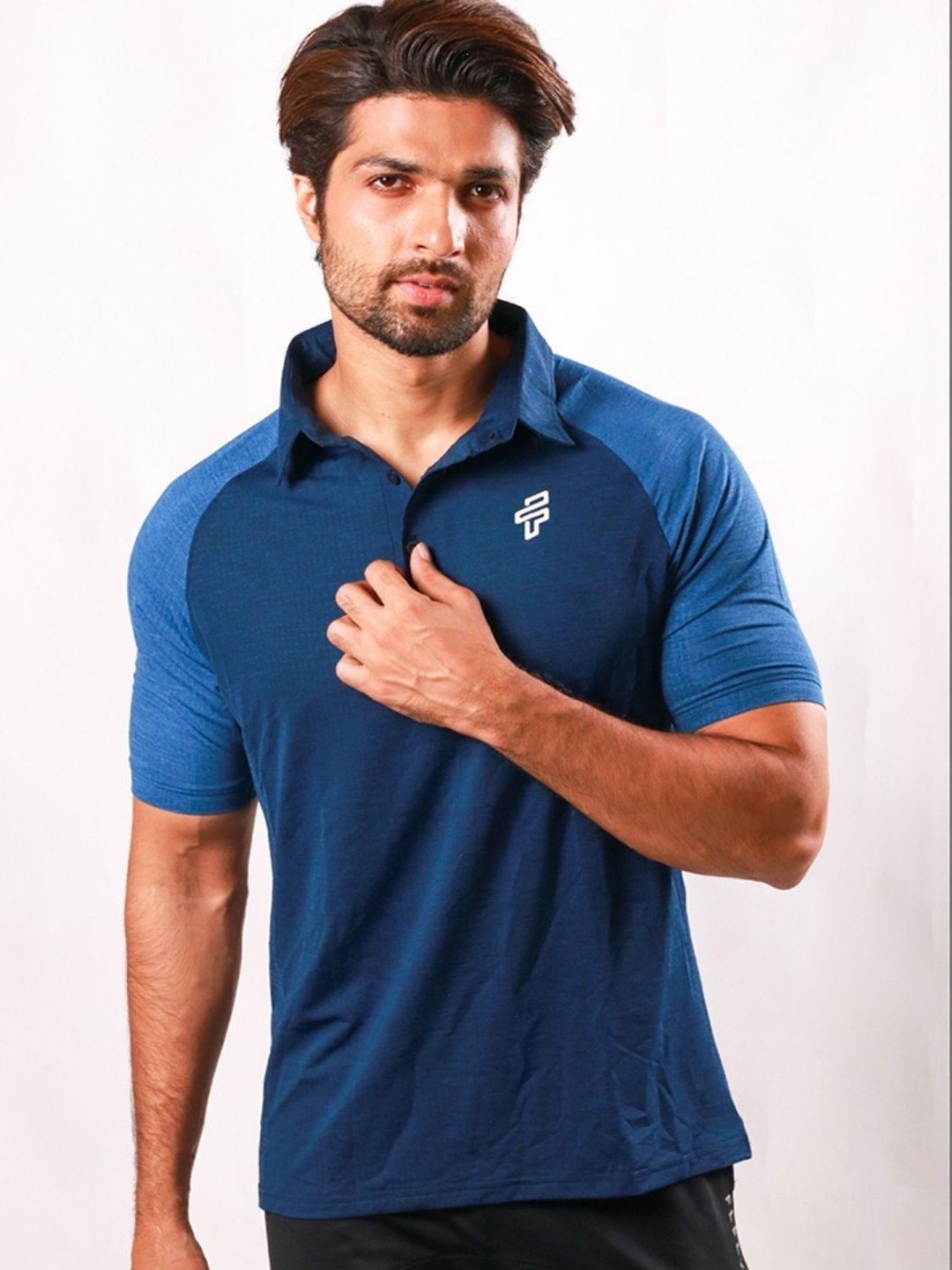 Flecto Men Blue Regular Fit V neck Performance Polo Gym T-Shirt, Casual Tshirt