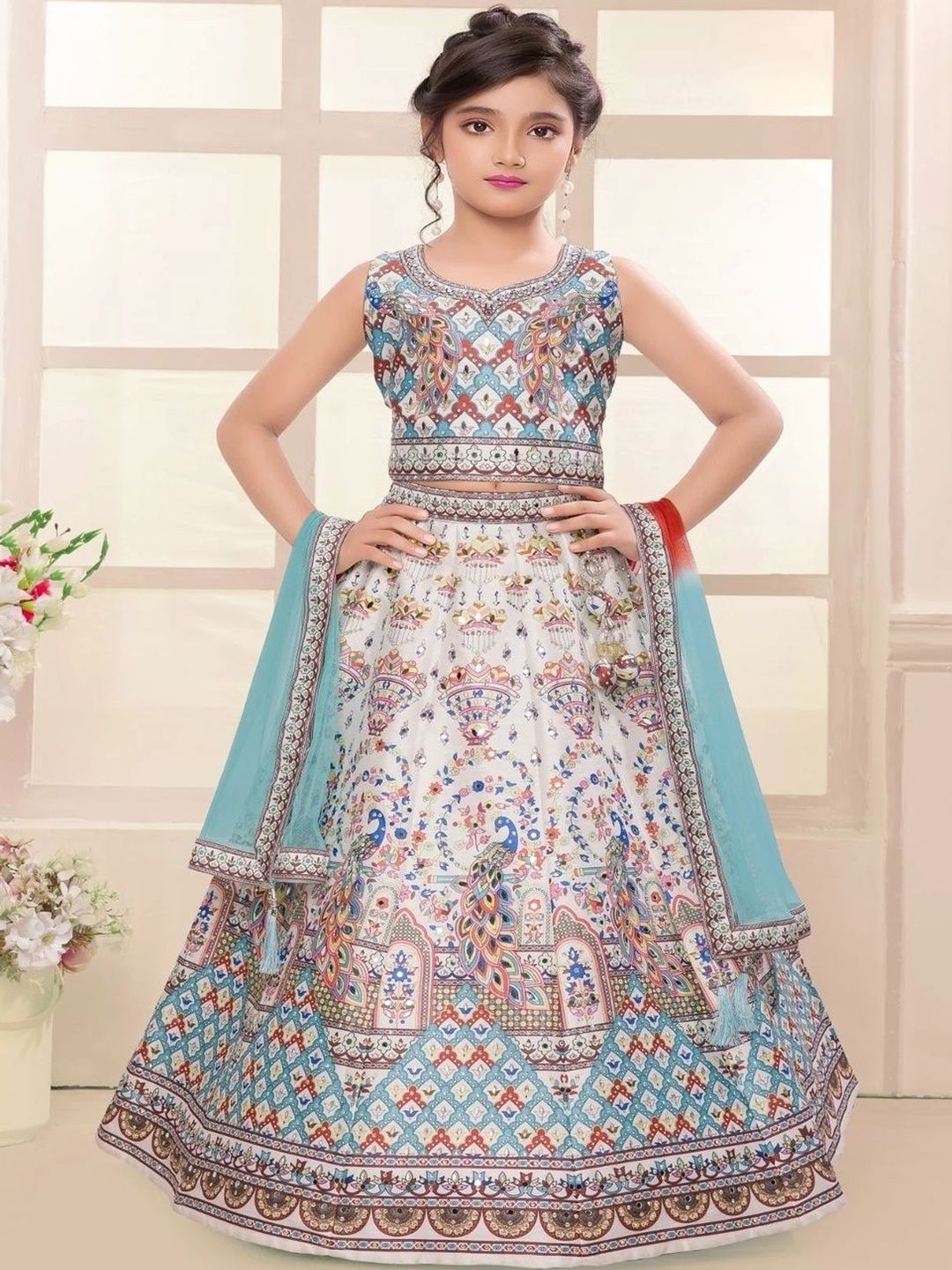 Sangria Girls Embellished Sweetheart Neck Lehenga With Choli & Dupatta