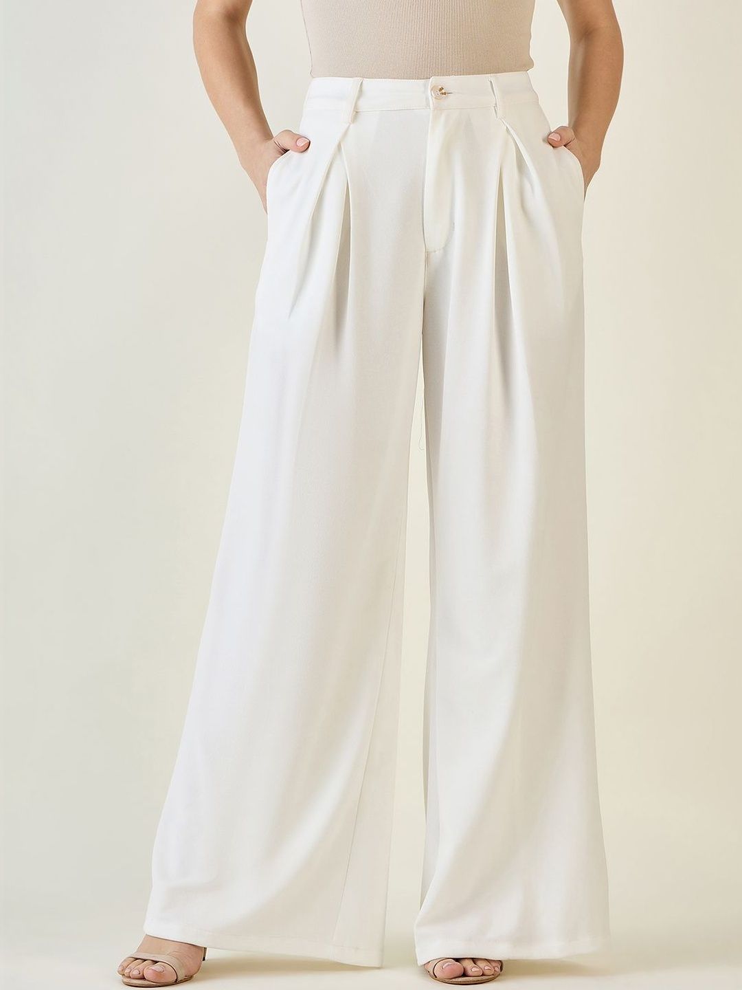 Women Flared Pleated High-Rise Trousers aayu Women Relaxed Flared High-Rise Wrinkle Free Pleated Trousers