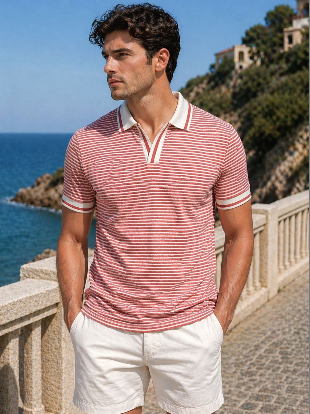 THE BEETEL HOUSE Men Striped Polo Collar T-shirt