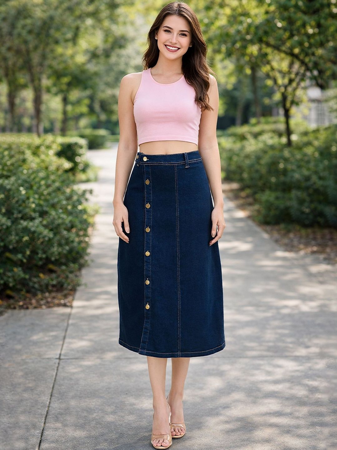 Ira Collections Women Denim Back Slit Midi A-Line Skirt