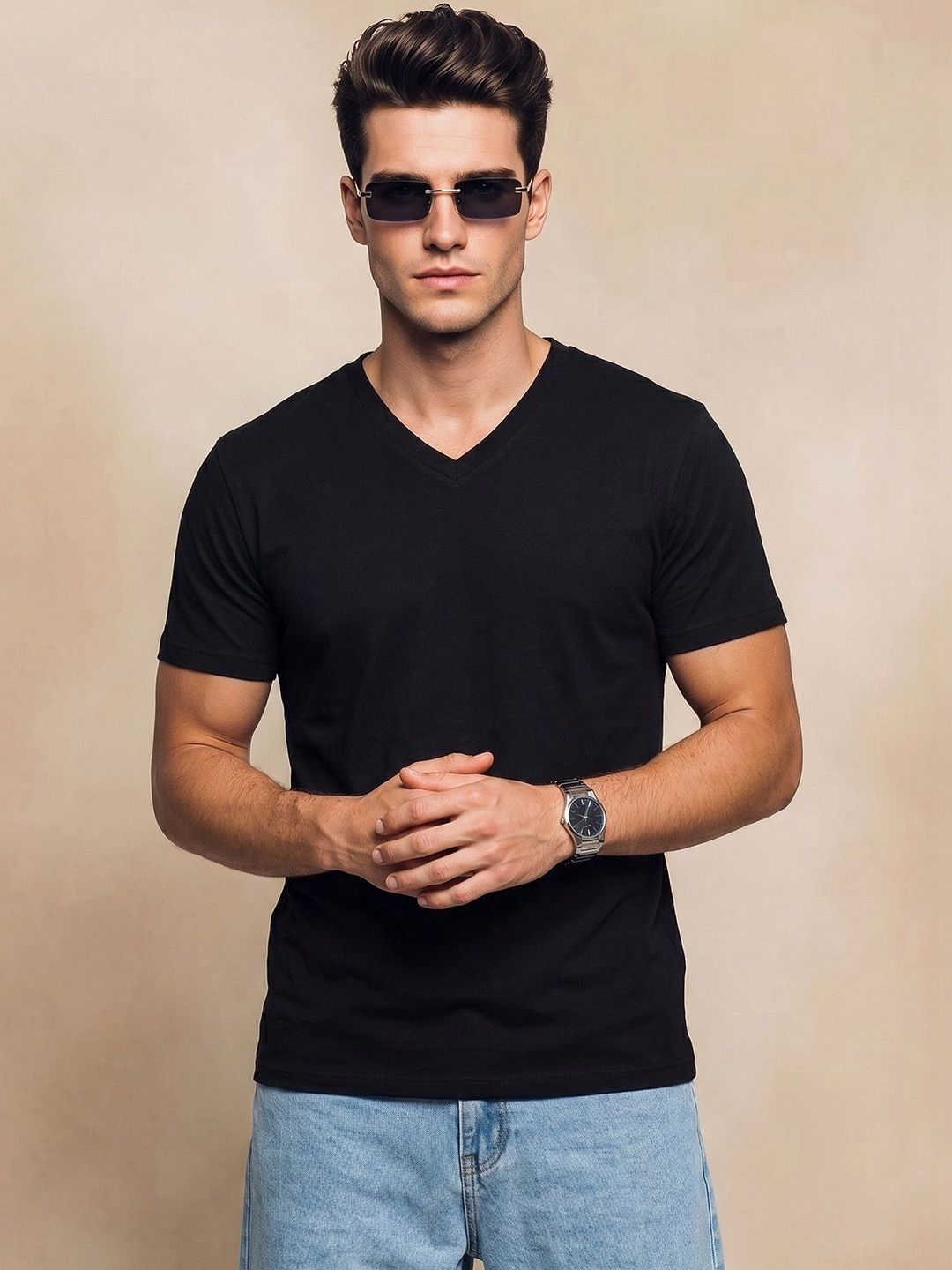 VEIRDO VEIRDO Men Tribal V-Neck Pure Cotton Raw Edge T-shirt