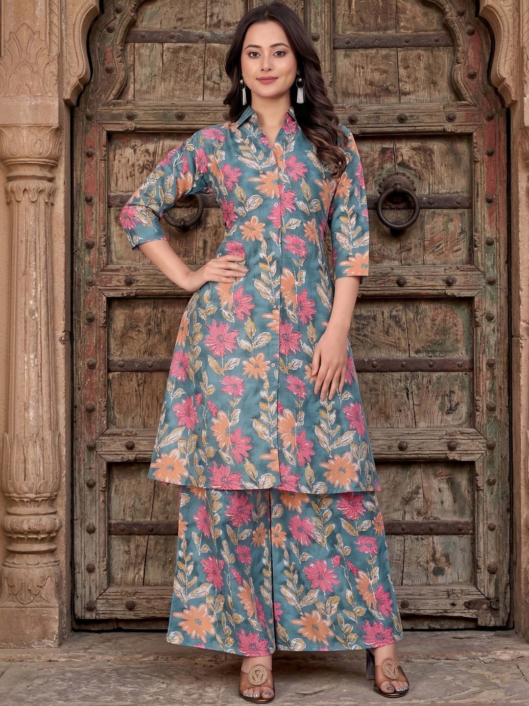 HERE&NOW Floral Cotton Printed Tunic with Palazzos