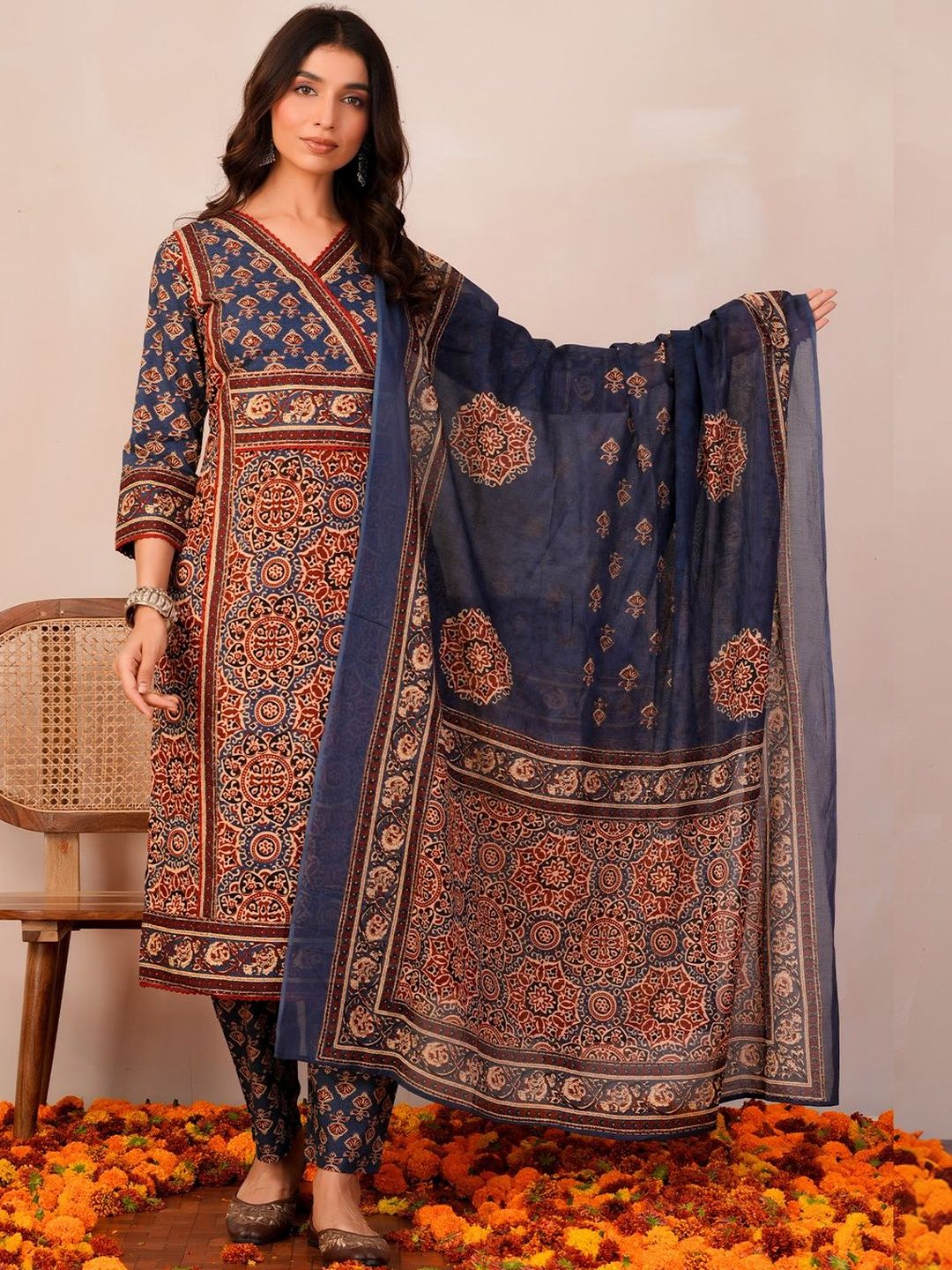 Indo Era Women Ethnic Motifs Printed Angrakha Pure Cotton Kurta with Trousers & With Dupatta