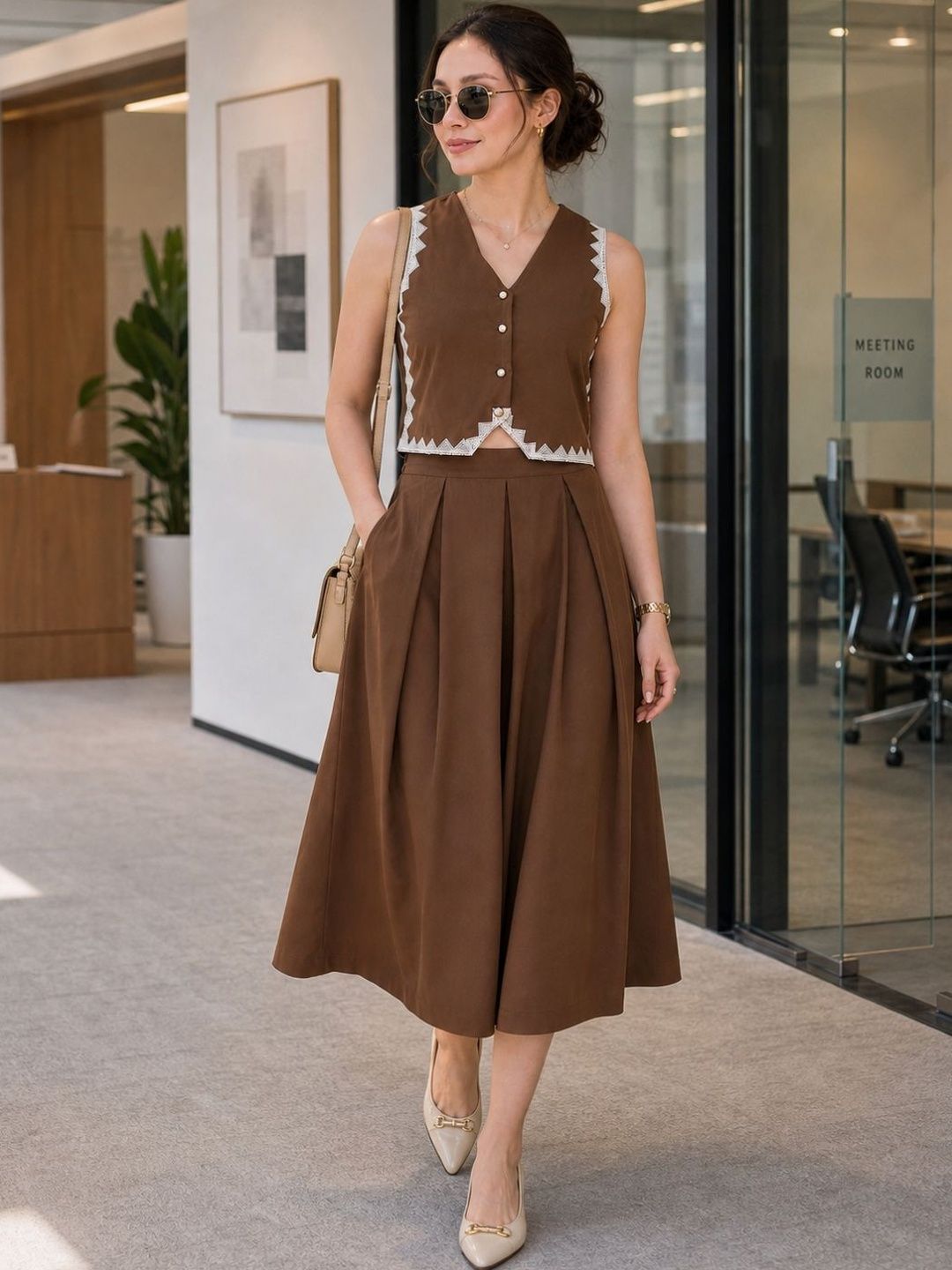 WineRed Lace Detail Cotton Solid Vest Top with Skirt