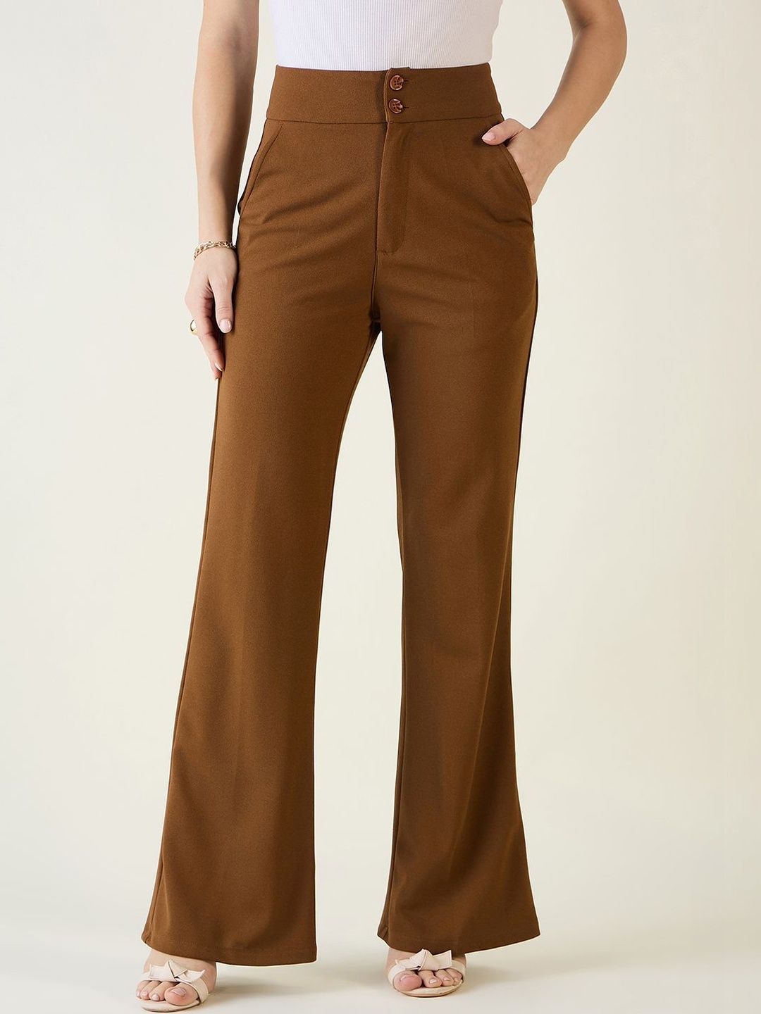 Women Flared High-Rise Trousers aayu Women Relaxed Flared High-Rise Wrinkle Free Trousers