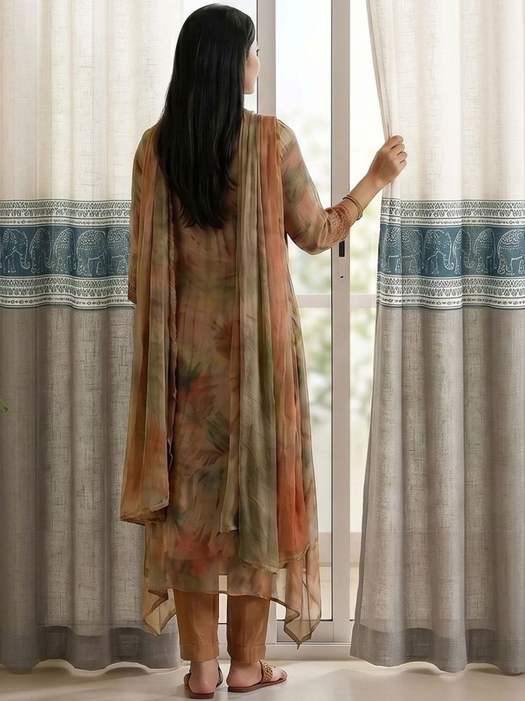 Story@home Story@home Aurum White & Blue 2 Pieces Printed Sheer Door Curtains