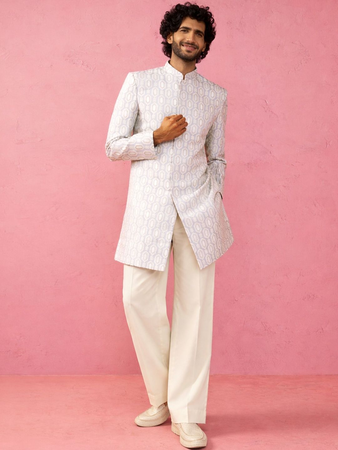 VASTRAMAY Embroidered Mandarin Collar Indo-Western Sherwani Set