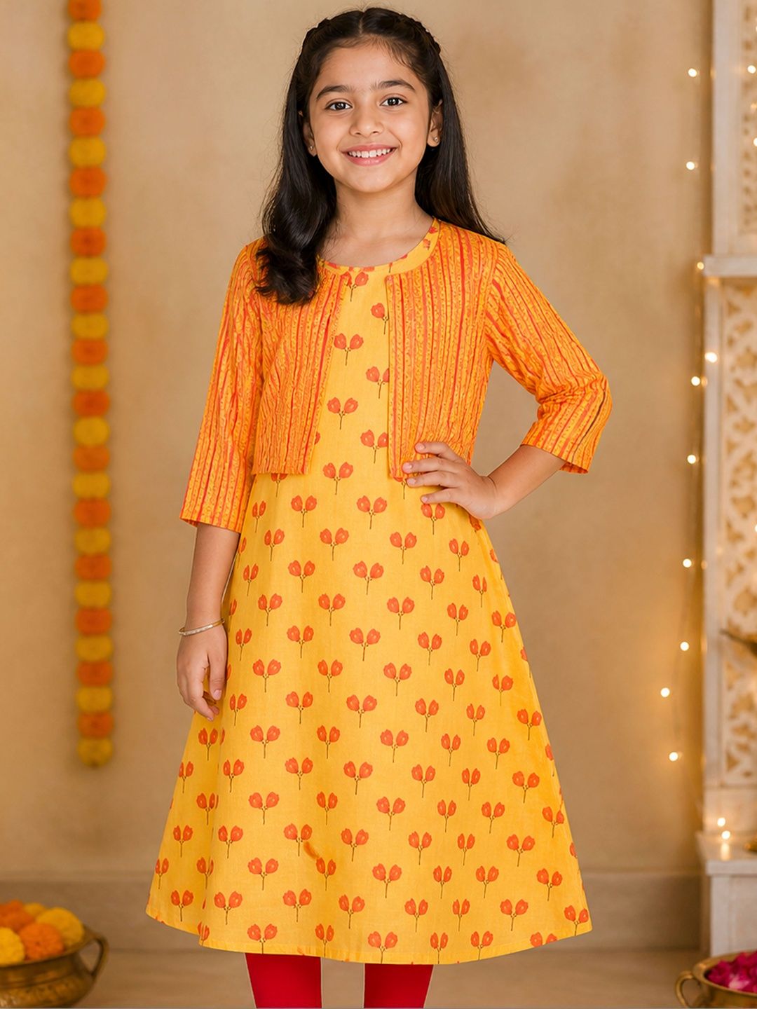 KiddoPanti Girls Cotton Floral Printed Indigo Kurta