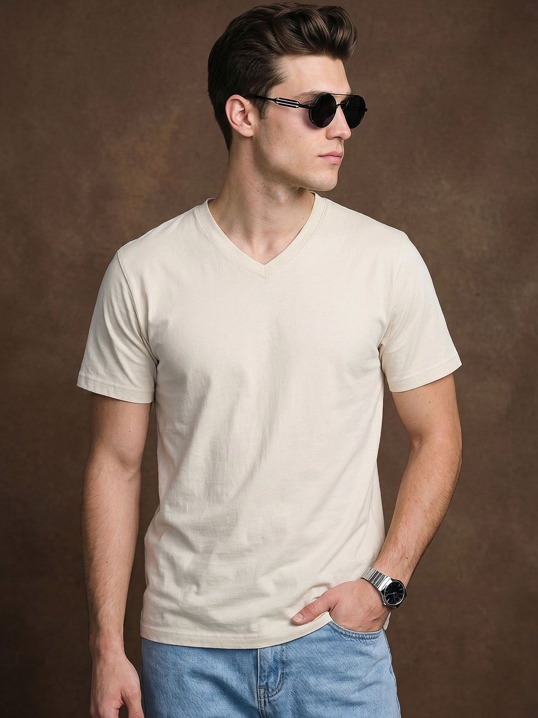 VEIRDO Men V-Neck Pure Cotton Raw Edge T-shirt