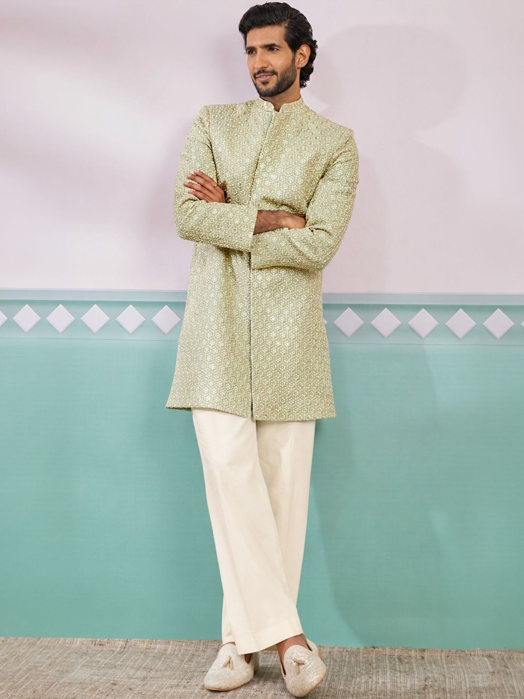 VASTRAMAY Embroidered Mandarin Collar Indo-Western Sherwani Set