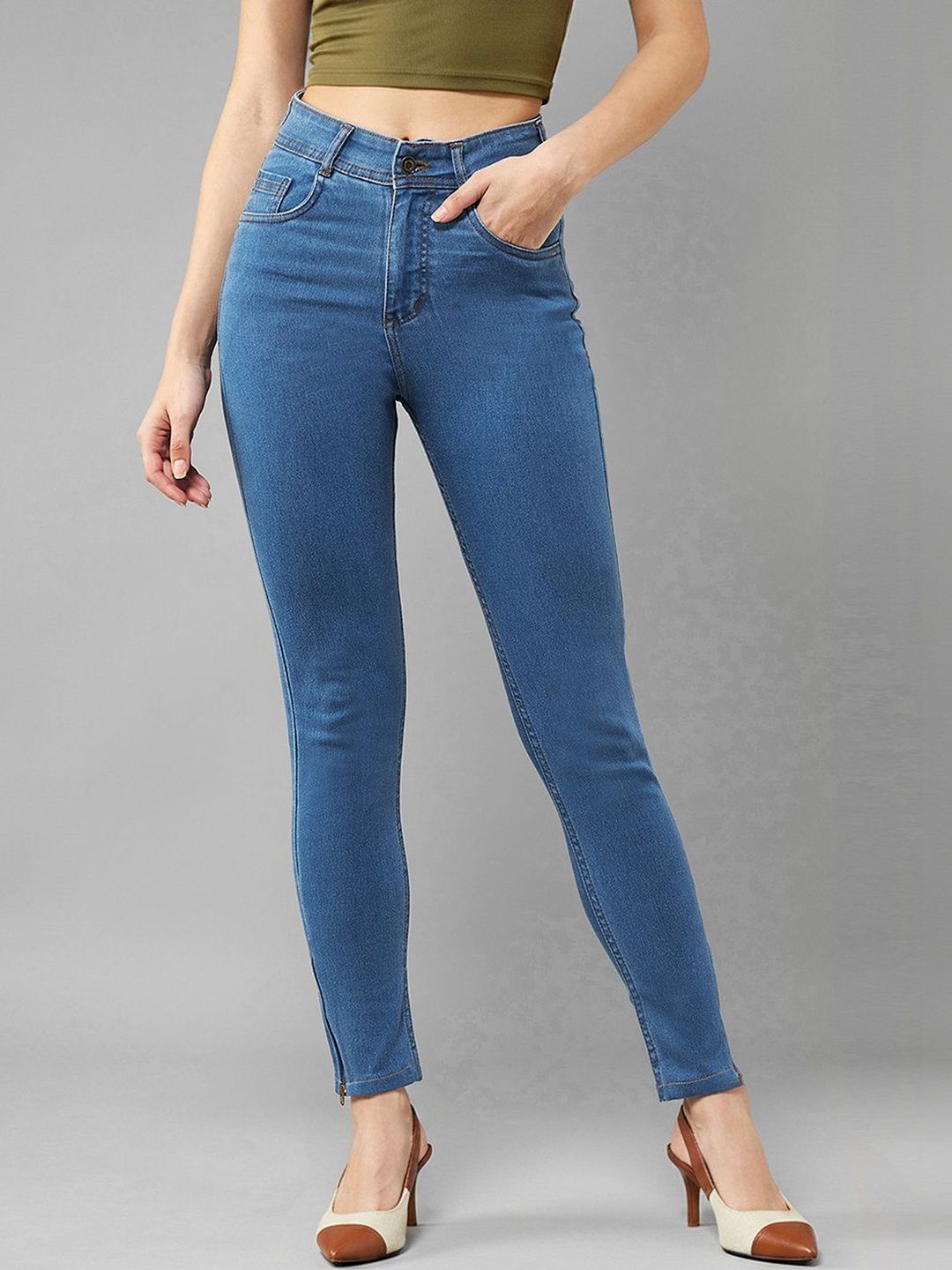 Mast & Harbour Women Skinny High-Rise Distressed Cropped Denim Jeans