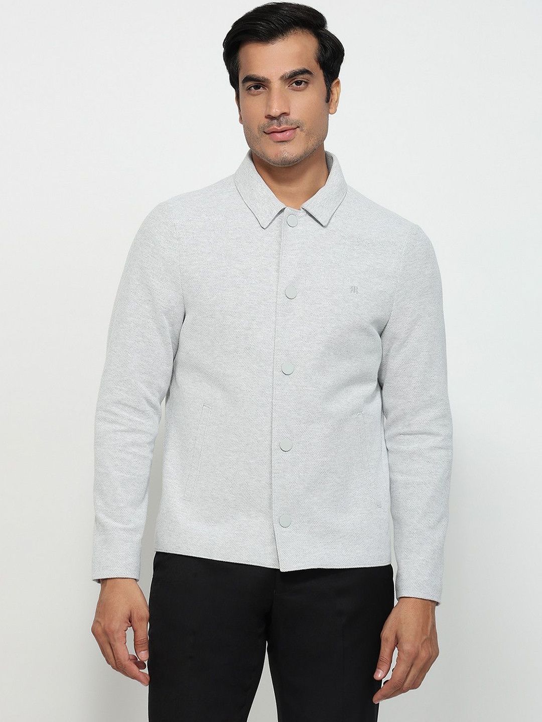 Raymond Self Design Cotton Spread Collar Open Front Jacket