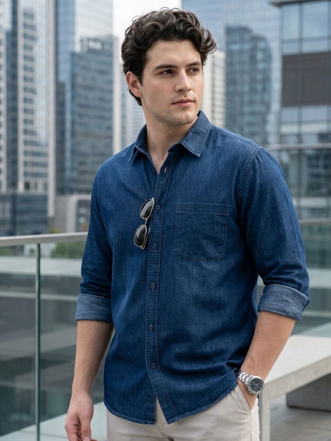 Urbano Fashion Men Spread Collar Solid Denim Casual Shirt
